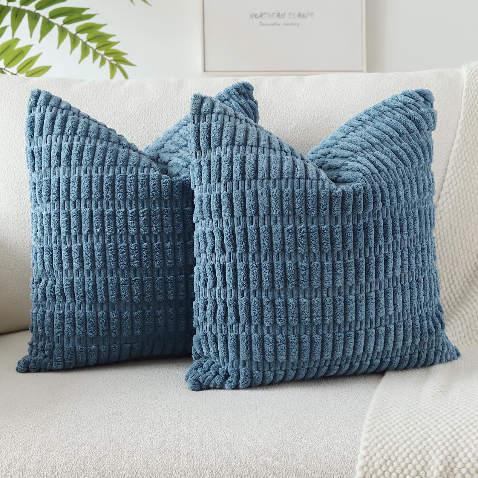 JOTOM Pack of 2 Corduroy Soft Striped Cushion Covers 40x40 cm 16x16 Inch Boho Decorative Throw Pillow Covers Square Cushion Case Home Decor Pillow Cases for Couch Sofa Living Room Bed (Dusty Blue)