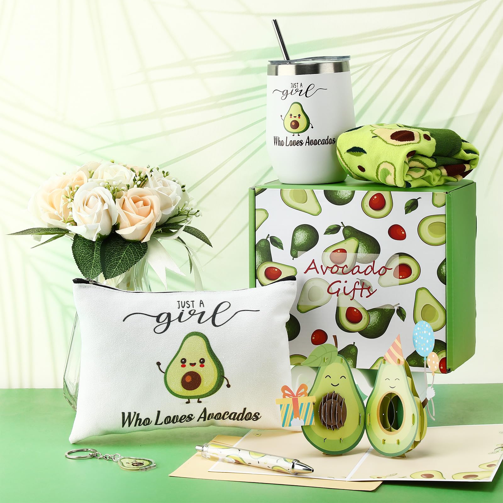 6 Pcs Funny Gift Baskets for Women Girls Pickle Avocado Socks with Vegetable Animals Makeup Bag Insulated Tumbler Keychain Greeting Card Pen for Christmas Birthday Party(Avocados)
