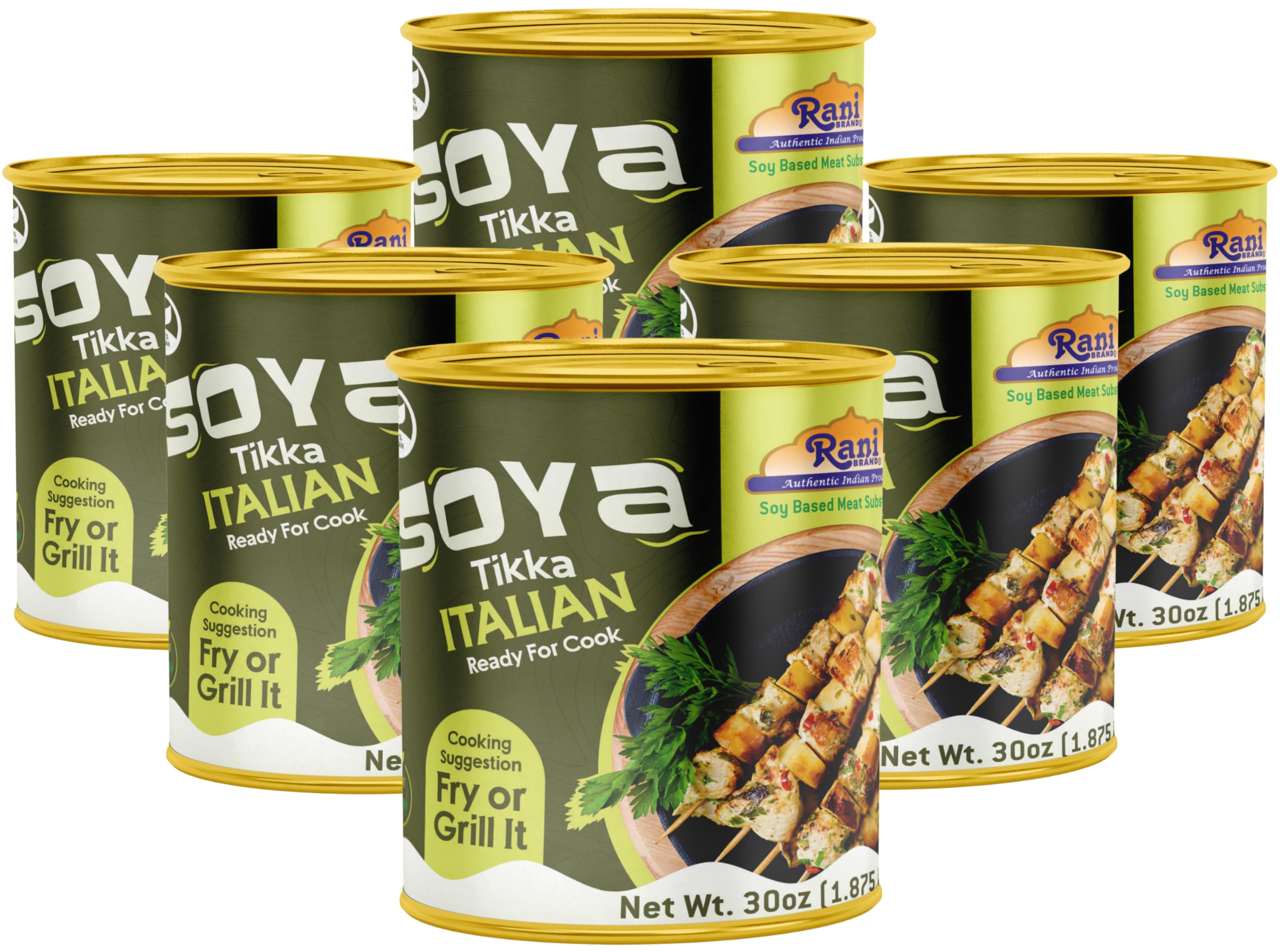 Rani Soya Tikka Italian 30oz (1.875lbs) 850g, Pack of 6, Ready for Cook ~ Easy Open Lid | All Natural | Vegan | No Colors | NON-GMO | Kosher | Indian Origin | Soy Based Meat Substitute