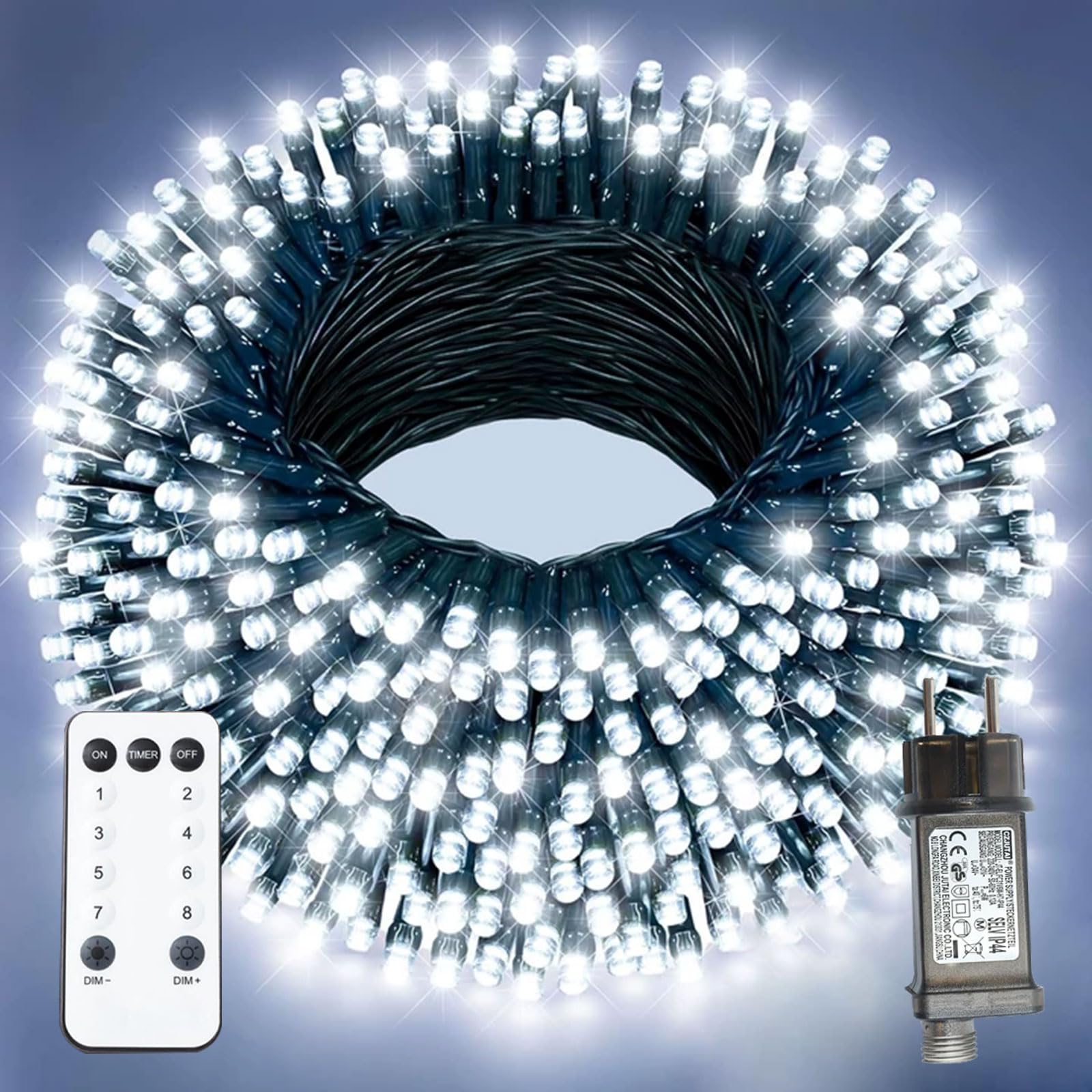 XmasBokeh LED Lichterkette Außen 10m 100 LED Kaltweiß, Strombetrieben mit Fernbedienung, Timer Memory Funktion, 31V Stecker IP44 Wasserdicht, Grünes Kabel für Garten Party Innen