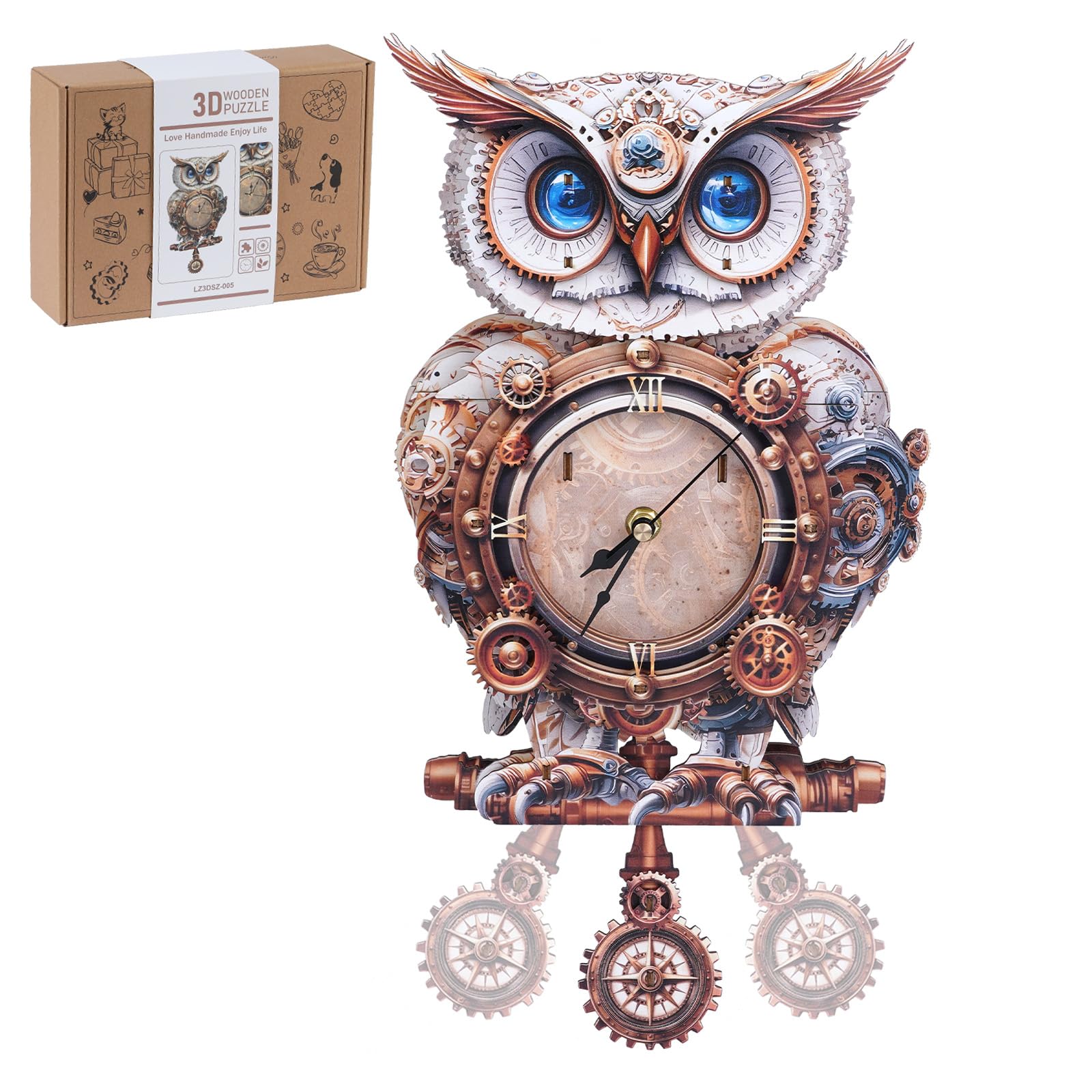 WEBYEARO 3D Wooden Puzzles for Adults, 3D Puzzle Owl Clock Kit (with Pendulum), Mechanical Owl 3D Puzzles for Adults Home Decor DIY Clock Puzzle Gifts for Women Men