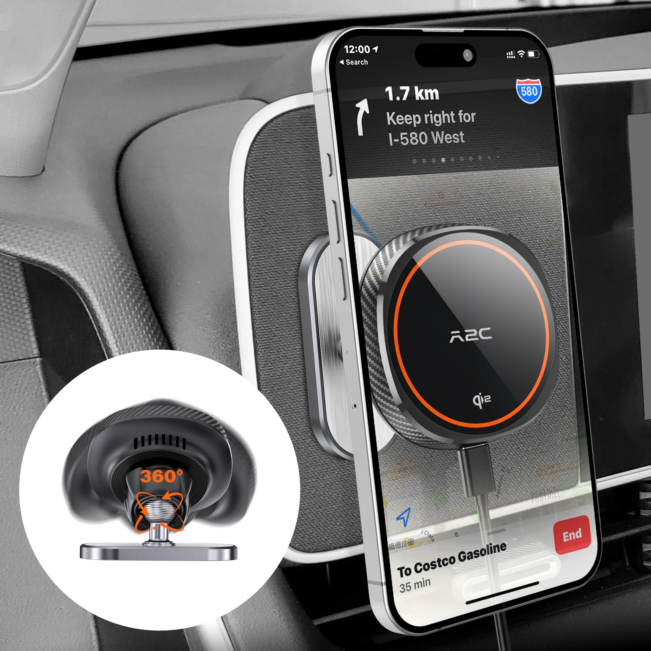 A2C Qi2 Chargeur de voiture sans fil à charge rapide 15 W pour support de téléphone Ioniq 5