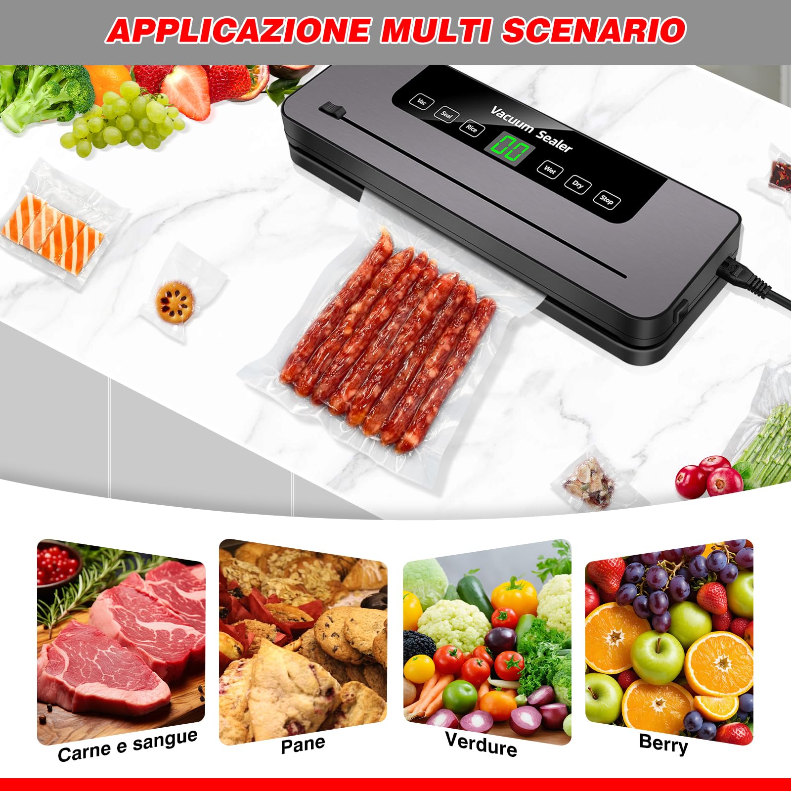 Macchina Sottovuoto per Alimenti 120 W, Sistema di confezionamento in 10 secondi, Pressione del vuoto di 0,75 Bar, Sigillatura silenziosa, 6 Modalità, con 10 Sachetti Sottovuoto, Nero