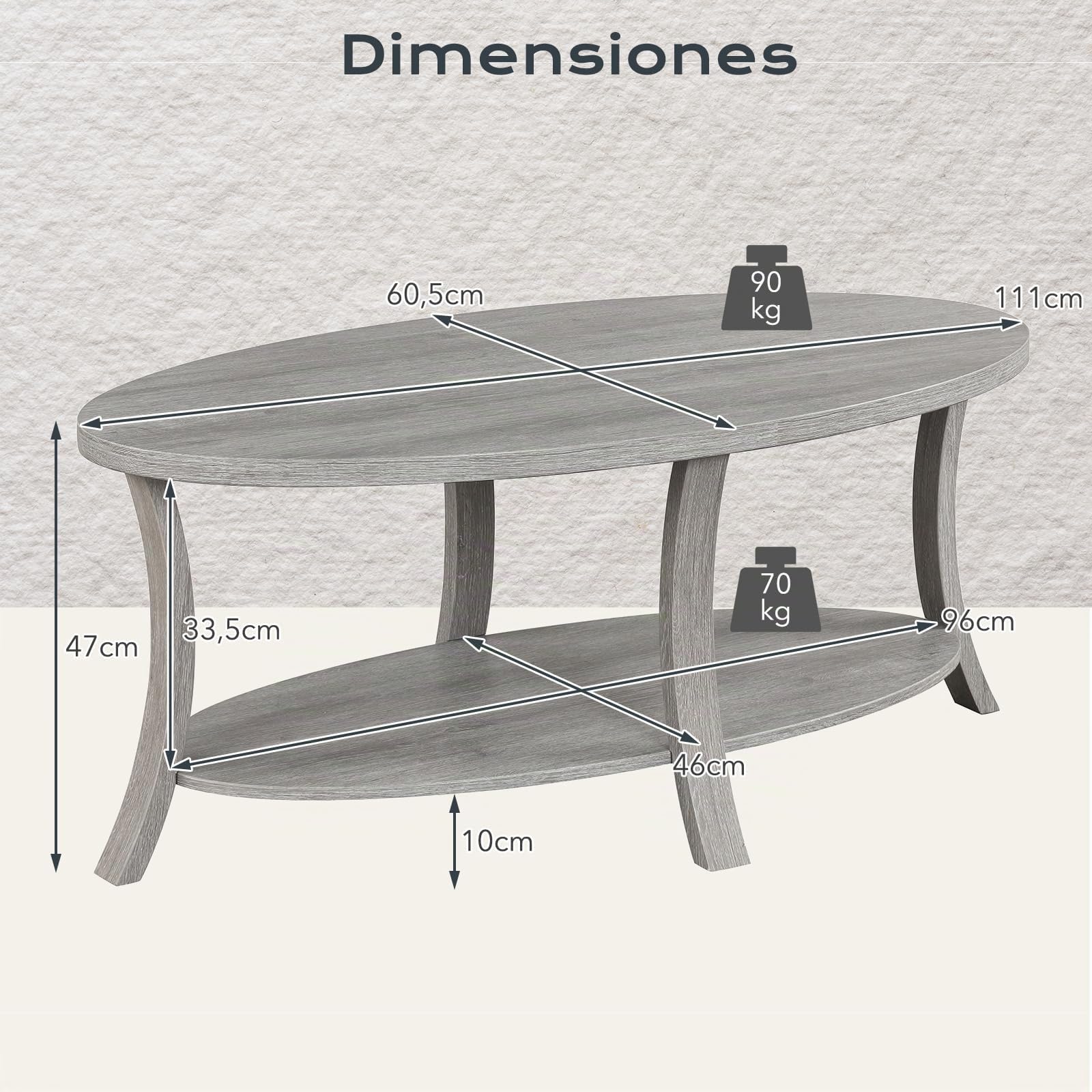 GOPLUS Mesa de Café Ovalada, Mesa Decorativa de Madera de Caucho con Estante de Almacenamiento Abierto, Mesa de Centro de 2 Niveles con Patas de Soporte Robustas para Sala de Estar Estudio (Gris)