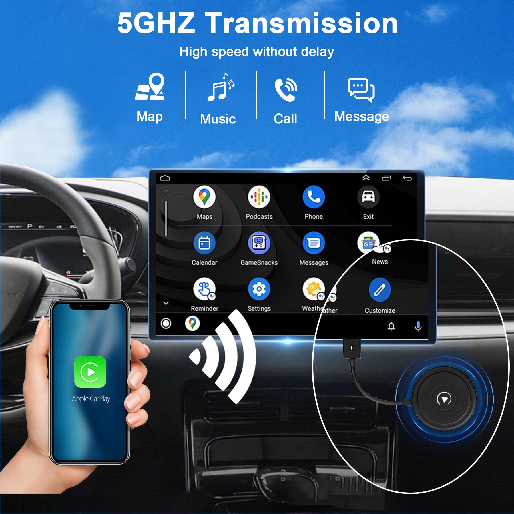 Adattatore CarPlay Wireless 5GHZ, Conversione CarPlay Cablato in Wireless, Connessione Automatica, per Veicoli con CarPlay Cablato di Fabbrica, Plug and Play,Nero