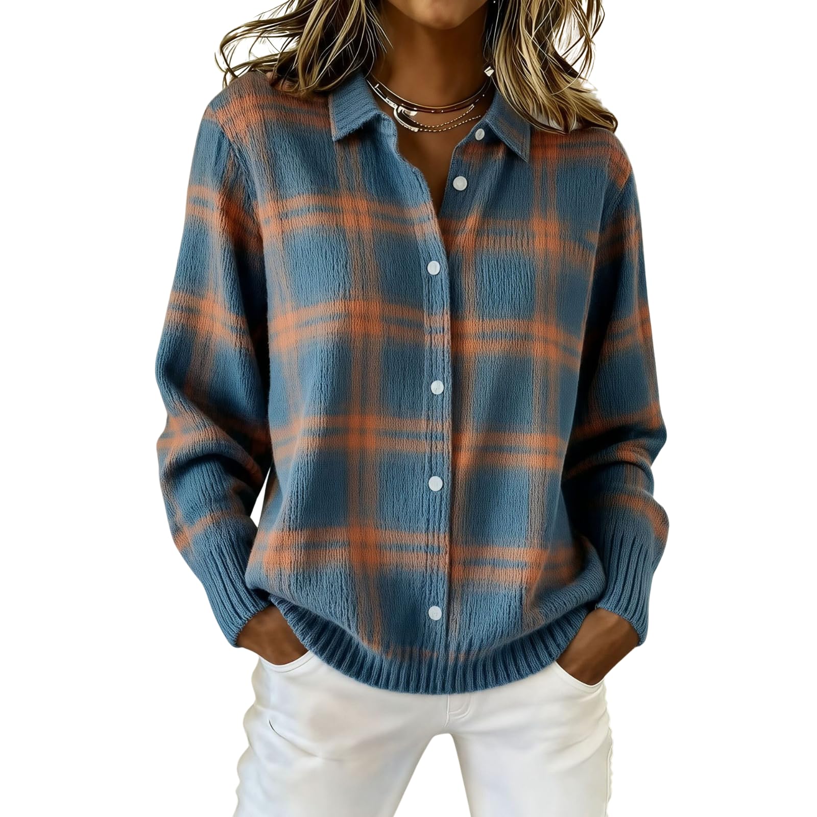Womens Vintage Plaid Art Print Buttoned V-Neck Cardigan Sweatshirt Casual Regular Long Sleeve Knitted Pullover Sweater Tops Coat