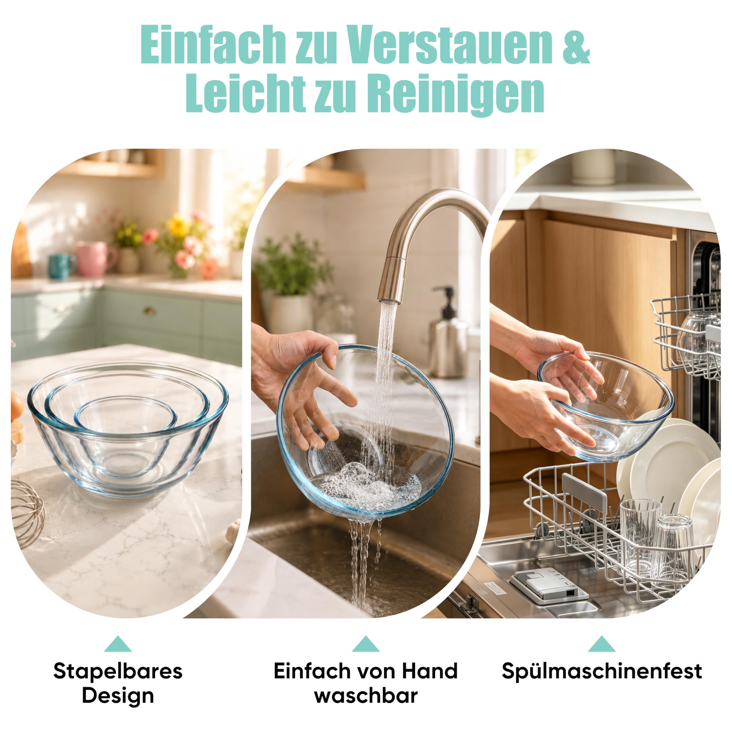Homikit Salatschüssel 3er Set, Groß Glasschüssel Rührschüssel mit Luftdichtem Deckel, 4,5L/2,7L/1,1L, Borosilikatglas Schüssel für Servieren Kochen Backen, Luftdichtem, Spülmaschinenfest
