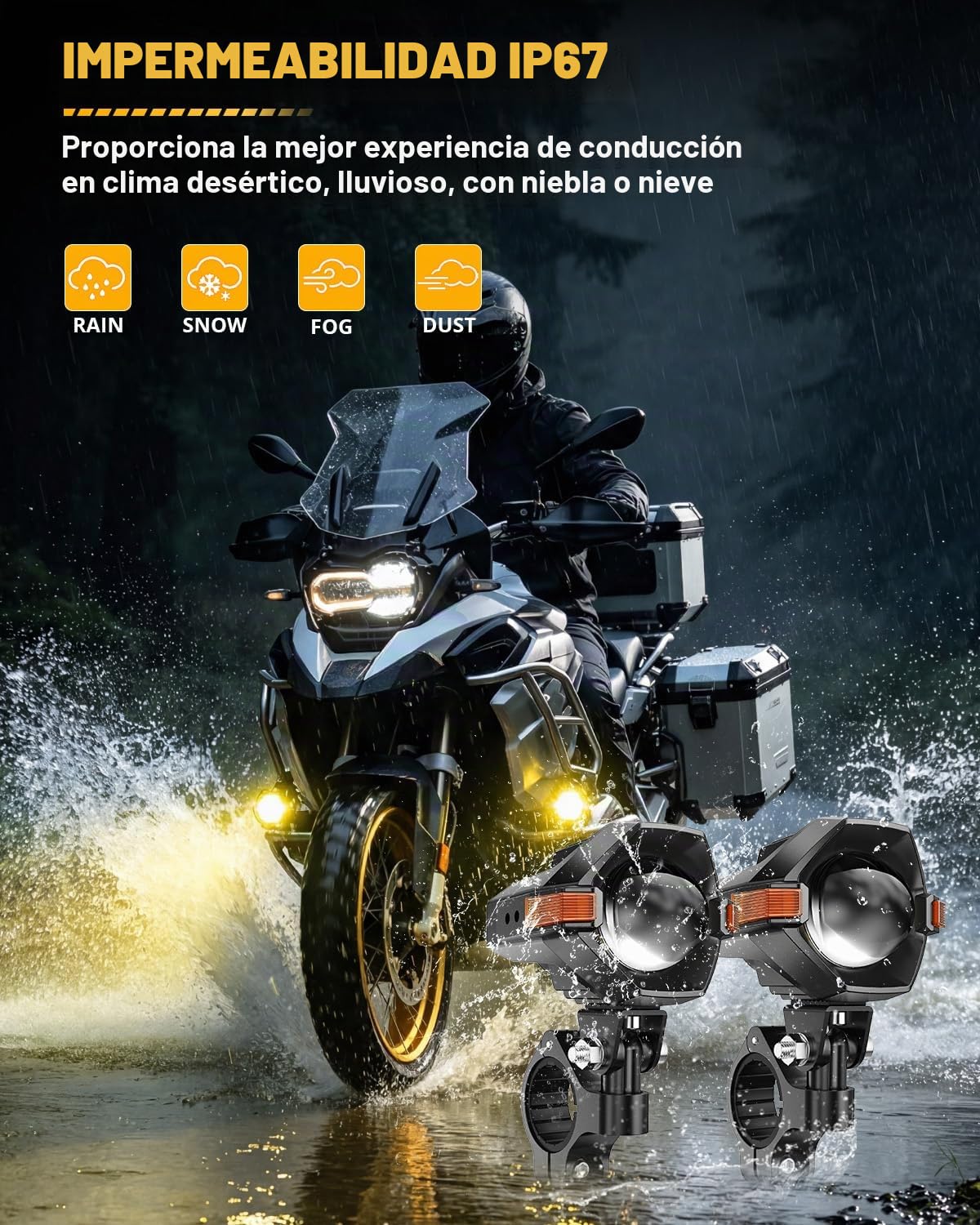 Auxbeam Luces Antiniebla LED para Motocicleta Luces Auxiliares Luz de Conducción Reflectores 8 Modos Blanco/Ámbar Color Dual Estroboscópico Switchback 3 Pulgadas 60W Luz de Trabajo LED Todoterreno