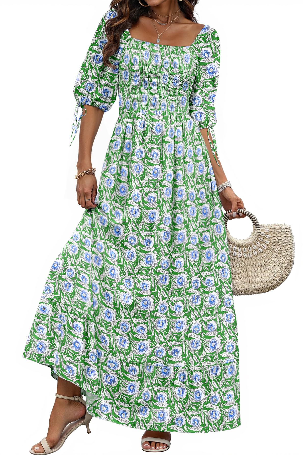 Women Boho Maxi Dresses Summer 2025 Puff Sleeve Square Neck Smocked Aline Casual Ruffle Tiered Flowy Beach Long Dress Pocket