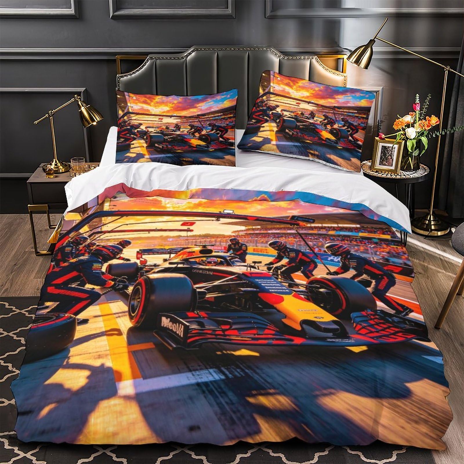 3U6C4M9K Formulaa Racing Luxe Quilt Cover Set Hidden Zipper Duvet Cover Set with Pillowcases Pit Stop Bedding Set Soft Microfiber Comforter Cover Single（135x200cm）