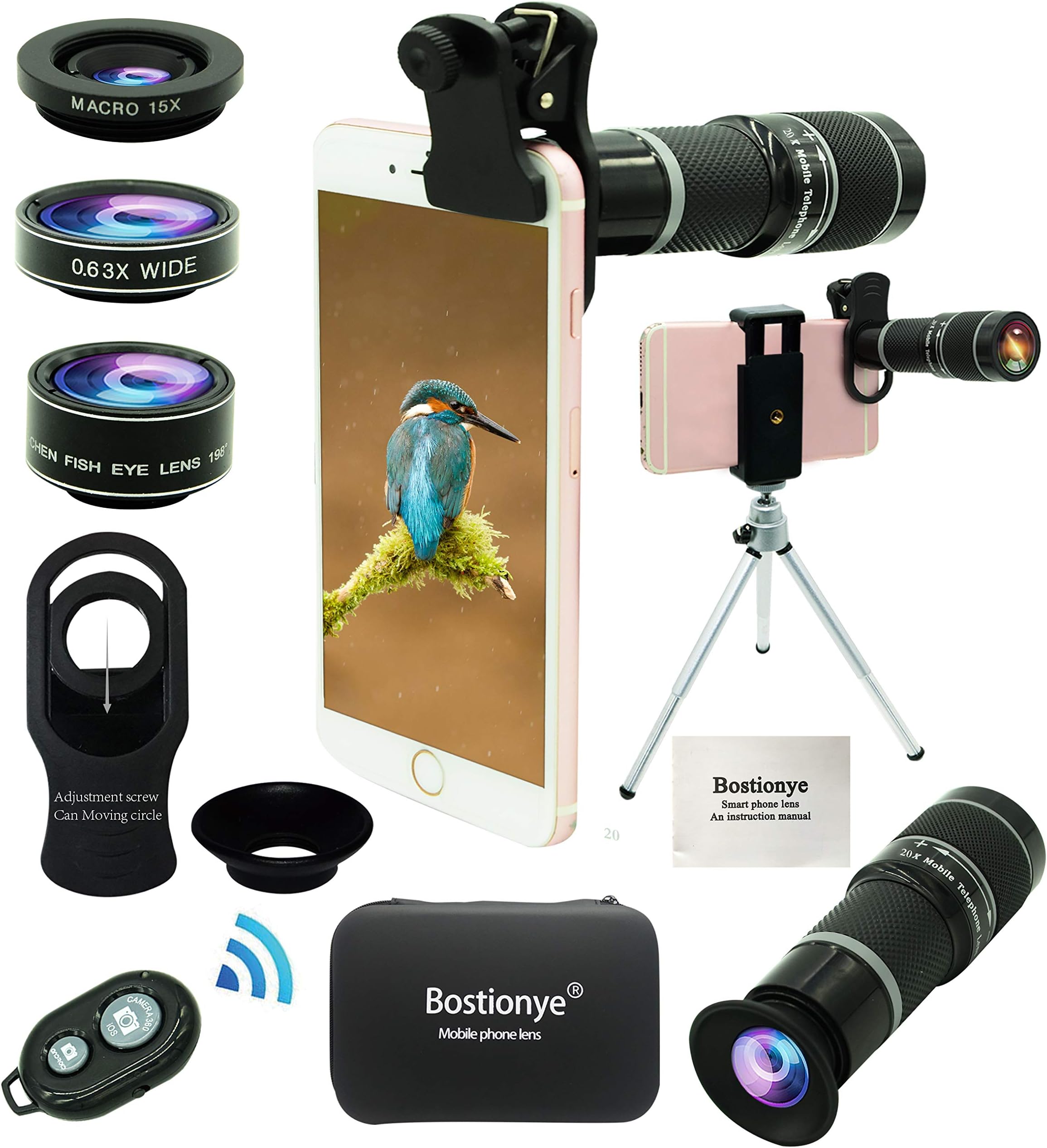 Bostiomye Cell Phone Camera Lens Kit,5 in 1 Universal 20x Zoom Telephoto,0.63x Wide Angle, Macro,Fisheye, Eye Mask, Telescope Mobile Zoom Compatible With IPhone Samsung Galaxy Smartphones