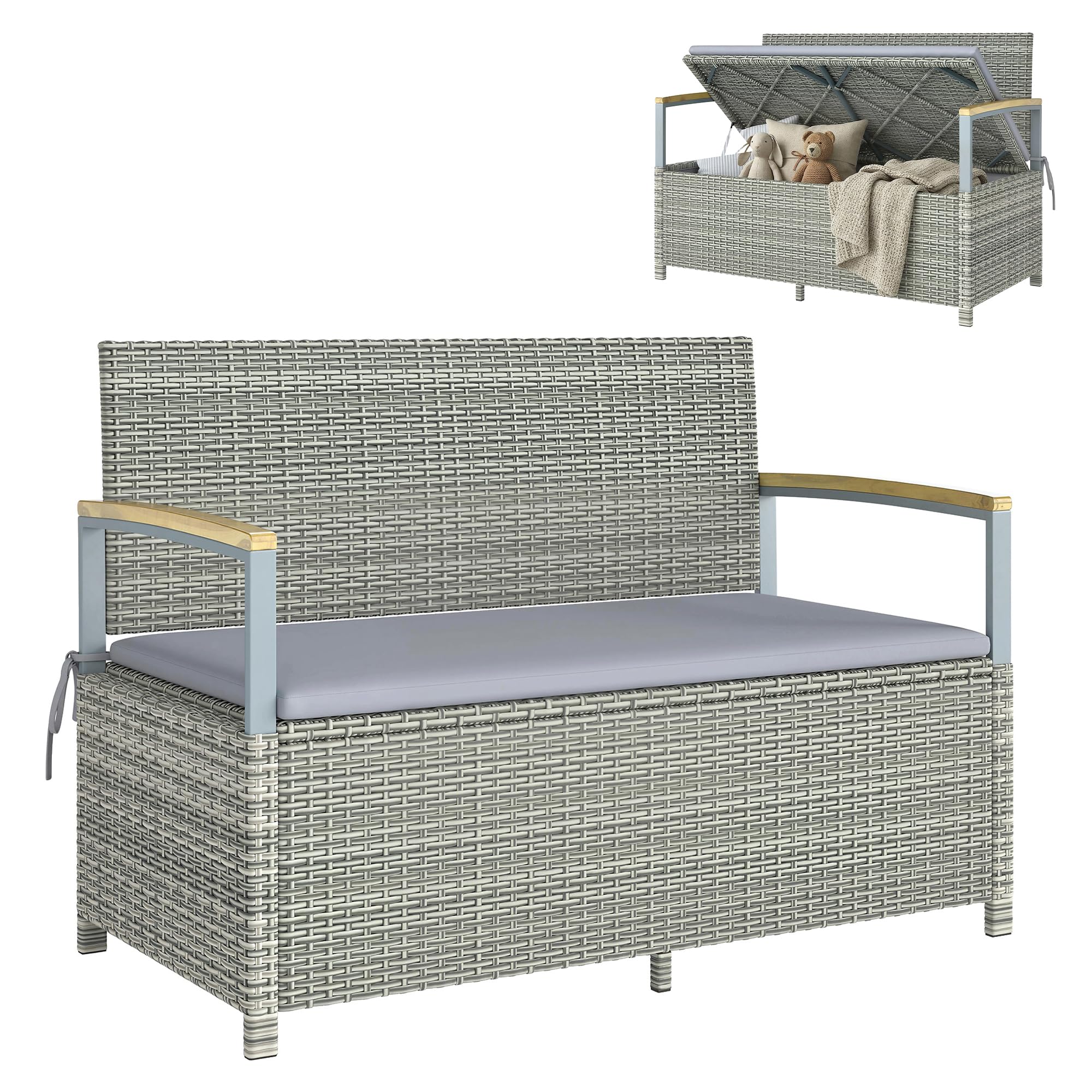 Outsunny Cassapanca Contenitore da Esterno in Rattan PE 170L, Panca Contenitore da Esterno 2 Posti con Braccioli in Legno di Acacia, Cuscino Lavabile, Fodera con Cerniera, Pistone a Gas, Grigio Chiaro
