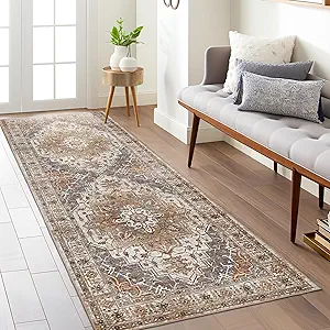 Madane Washable Runner Rug - 2x6 Rug Runners for Hallways 6 Feet Non Slip Vintage Kitchen Runner Rug Ultra-Thin Bathroom Runner Rugs Carpet Laundry Room Bedroom (2x6ft, Turmeric/Grey)