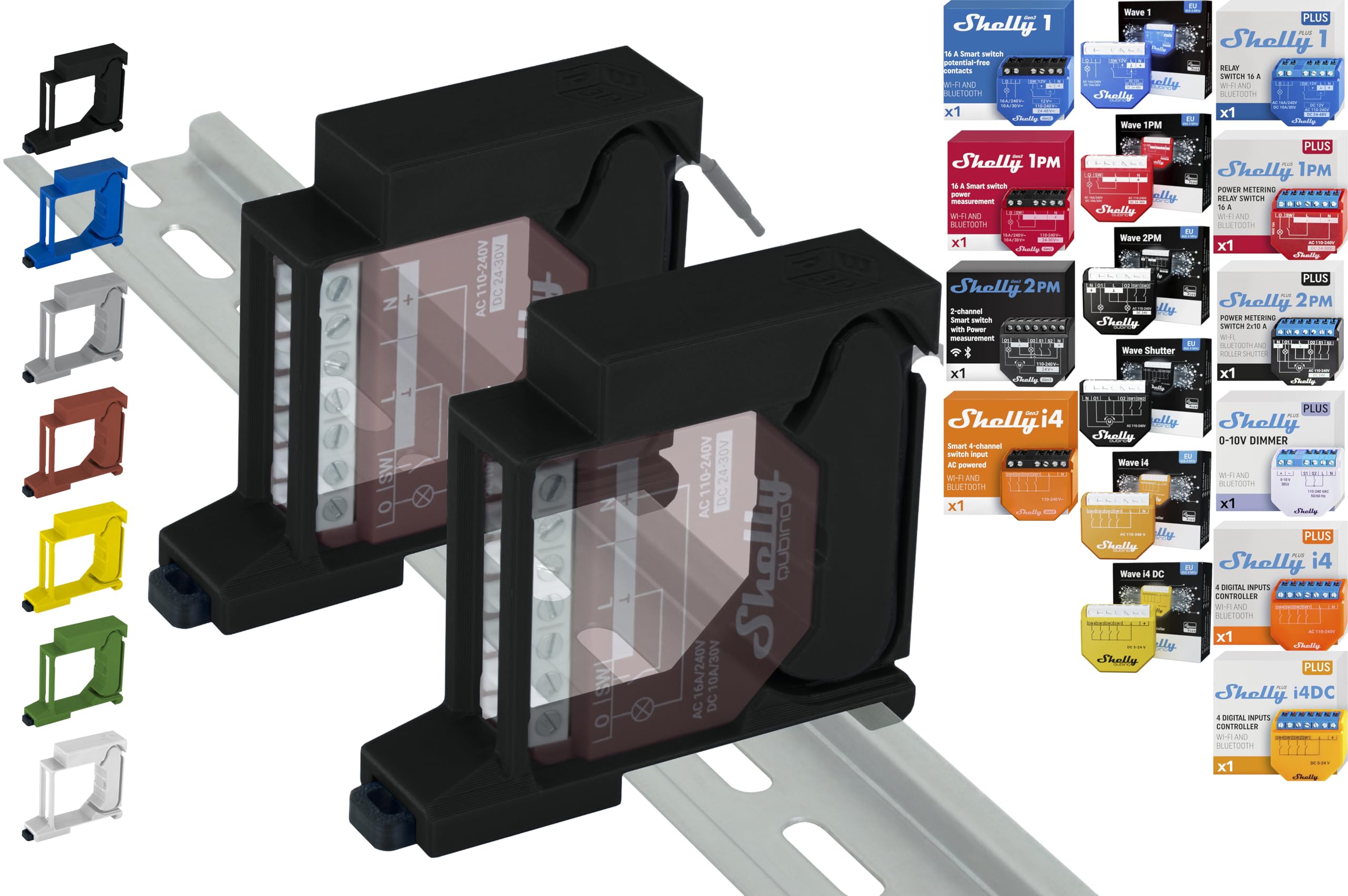 DIN Rail Holder "Single" for 18 Shellys: 1 Gen3, 1PM Gen3, 2PM Gen3, i4 Gen3, Plus 1, Plus 1PM, Plus 2PM, Plus i4, Plus 0-10V Dimmer, Wave 1, Wave 1PM, Wave 2PM, Wave Shutter, Wave i4 (2x Black)