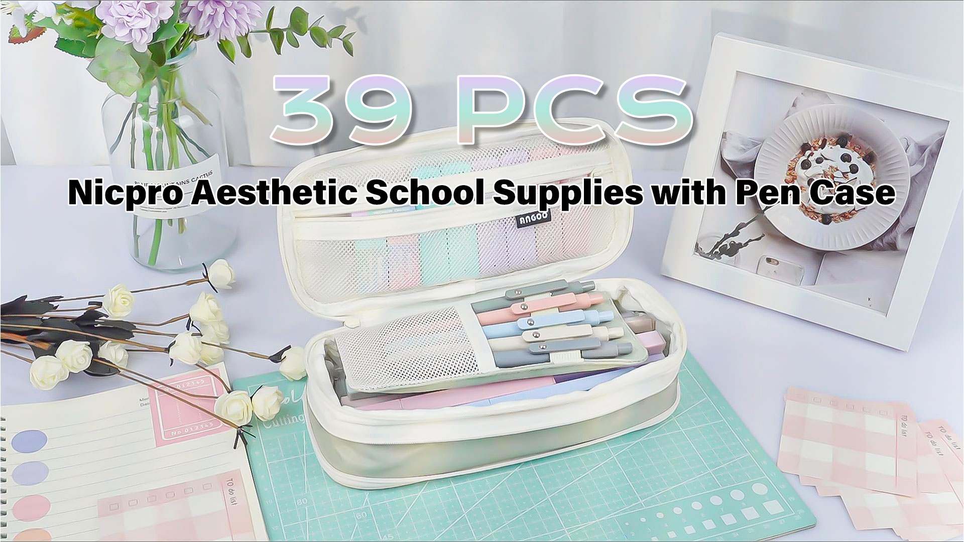 FLOE Set Di 62 Pezzi Di Cancelleria Estetica Per Scuola E Ufficio | Astuccio Grande Con Manico, Evidenziatori Pastello, Penne Gel E Matite Meccaniche