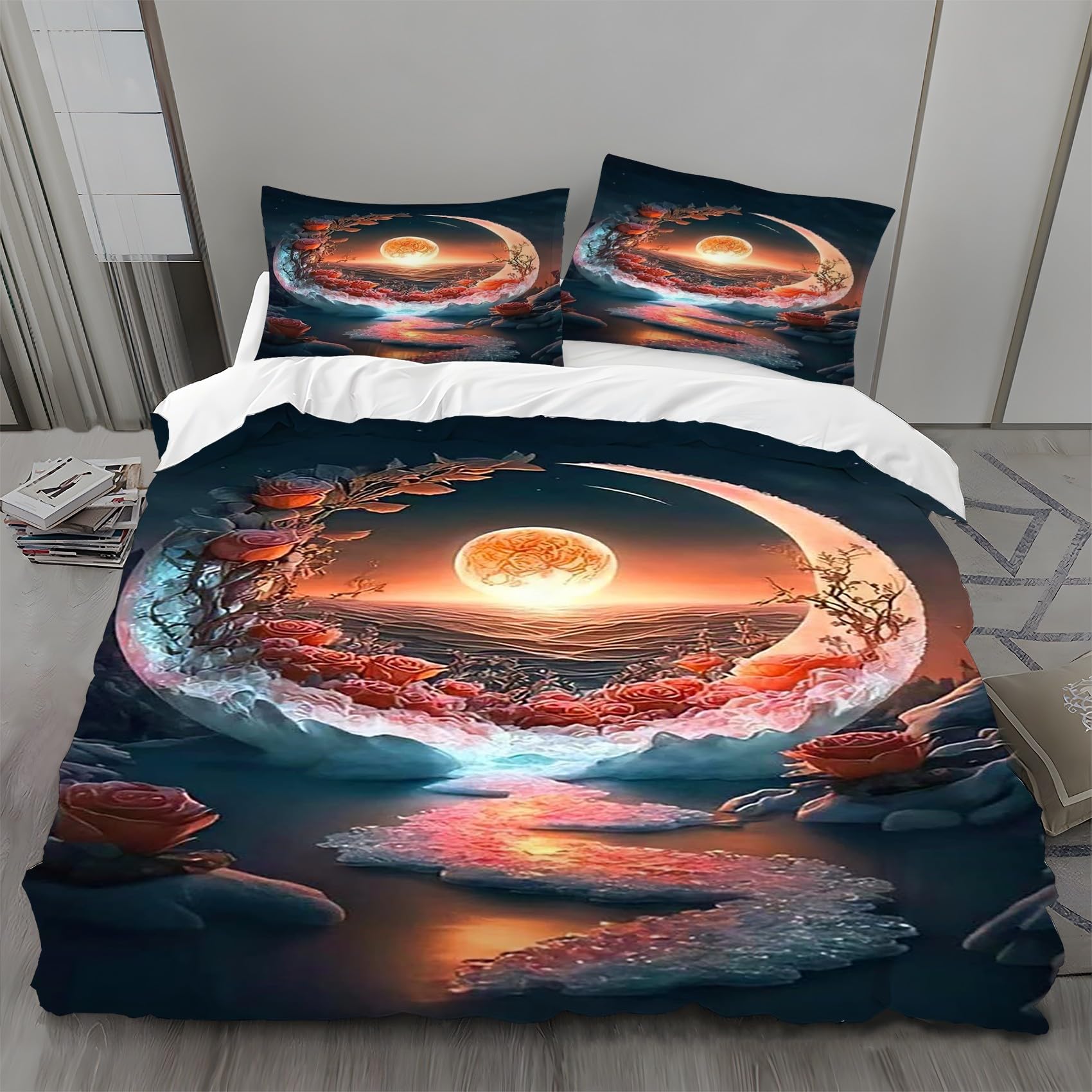 Moon Zestawy poszewek na kołdrę 155 x 220 cm róża jesień pościel mikrofibra poszewka na kołdrę 155 x 220 cm luksusowy zestaw pościeli z nadrukiem 3D poszewka na kołdrę z 2 poszewkami na poduszki 50 x