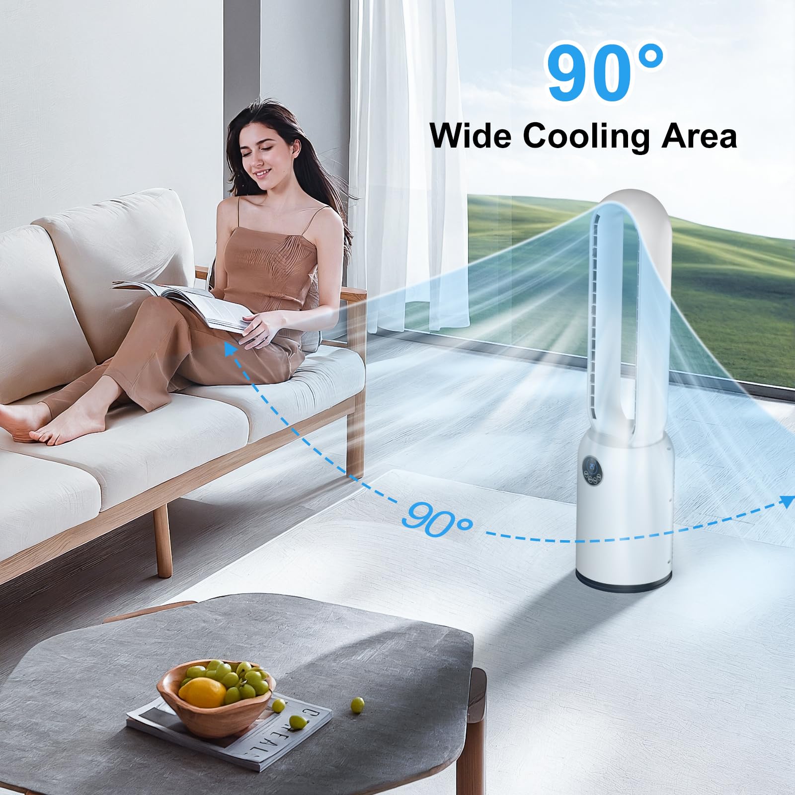 YAZEKY Ventilatore Senza Pale,Ventilatori a Torre Silenzioso 24 Velocità, Timer 12 Ore, Oscillazione 90°, Display LED e Telecomando, Portatile per Camera da Letto, Casa e Ufficio (white)