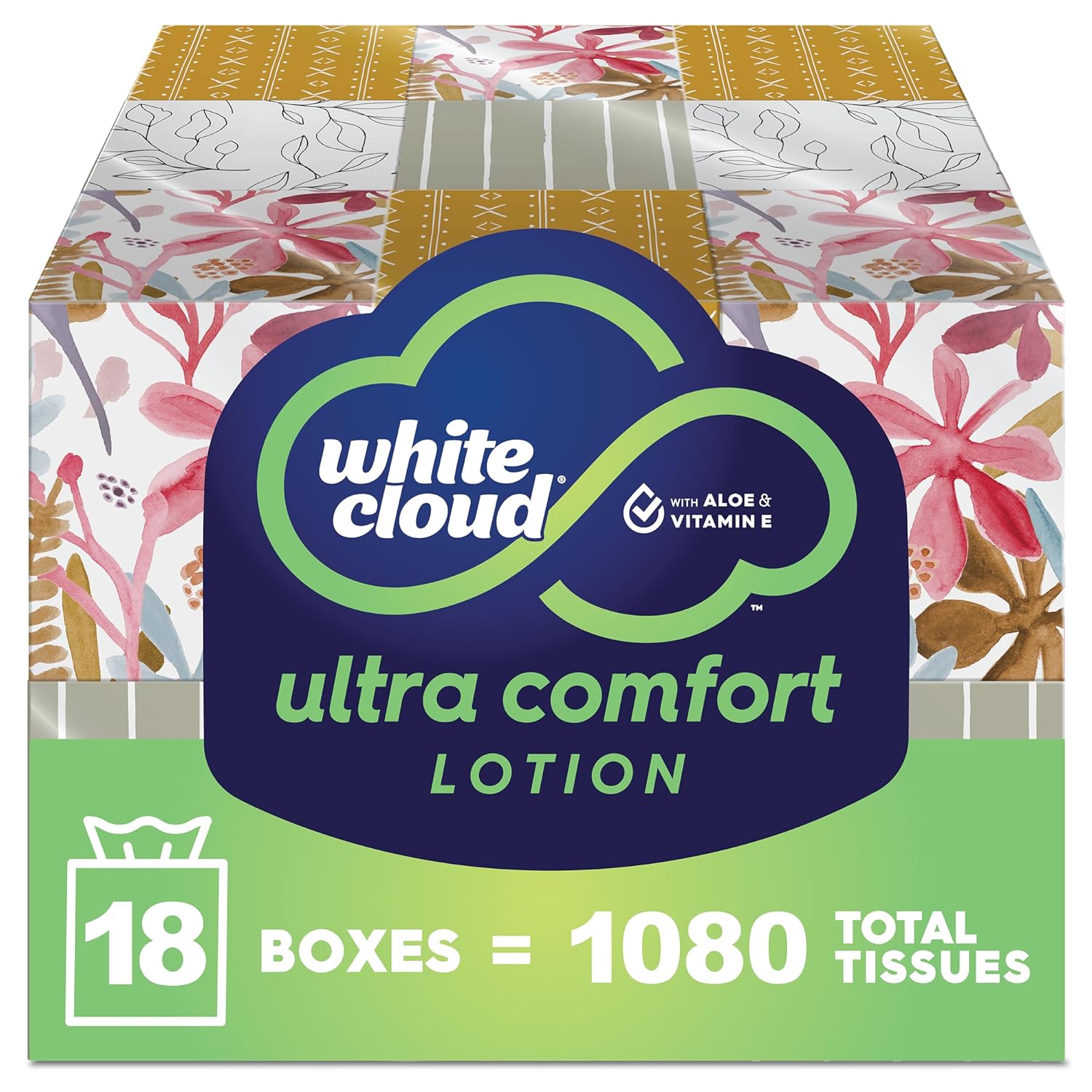 White Cloud Ultra Comfort Lotion 3-Ply Facial Tissue with Aloe & Vitamin E, 18 Box Multipack, 60 Tissues Per Box 1080 Count (Pack of 18)