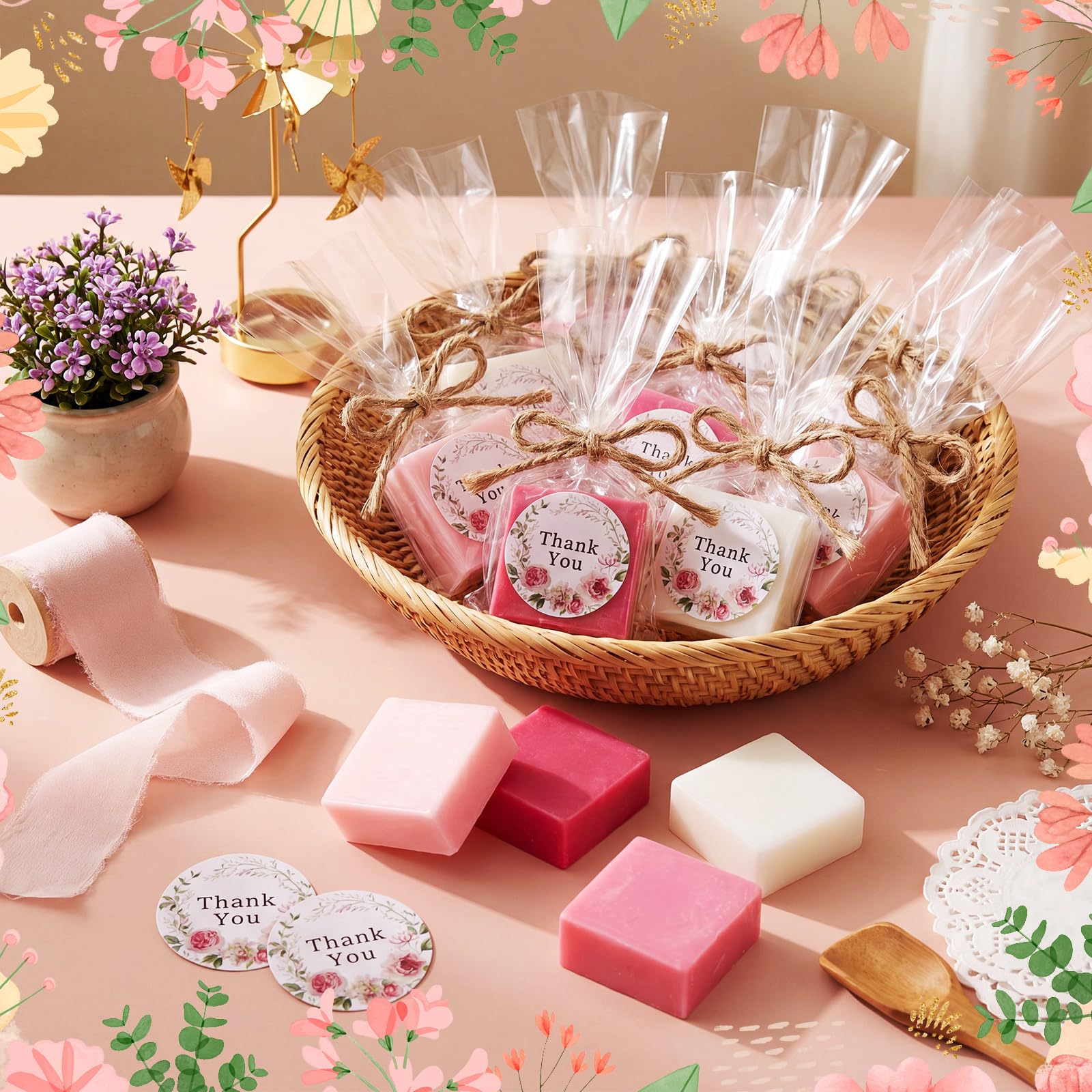 Leelosp Juego de 60 mini jabones cuadrados para invitados, baby shower, fiestas, pequeñas barras perfumadas, jabones de manos blancos con tarjetas de agradecimiento para bodas, despedidas de soltera