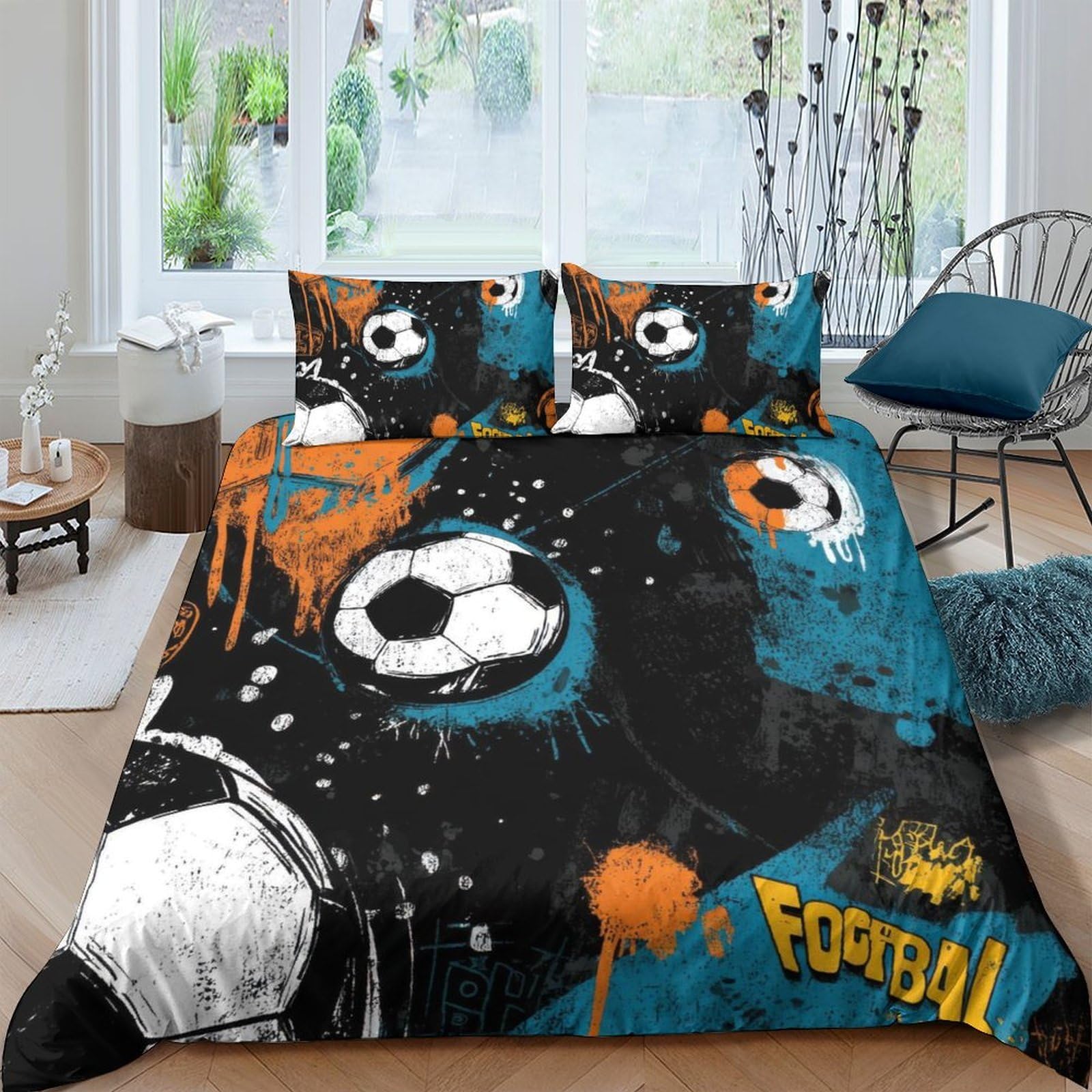 Ctjqhvkz Style-10 3D Printed Graffiti Football Fitted Sheet Microfiber Black Blue Orange Bed Cover For Bedroom Guest Room Decor Single（135X200cm）