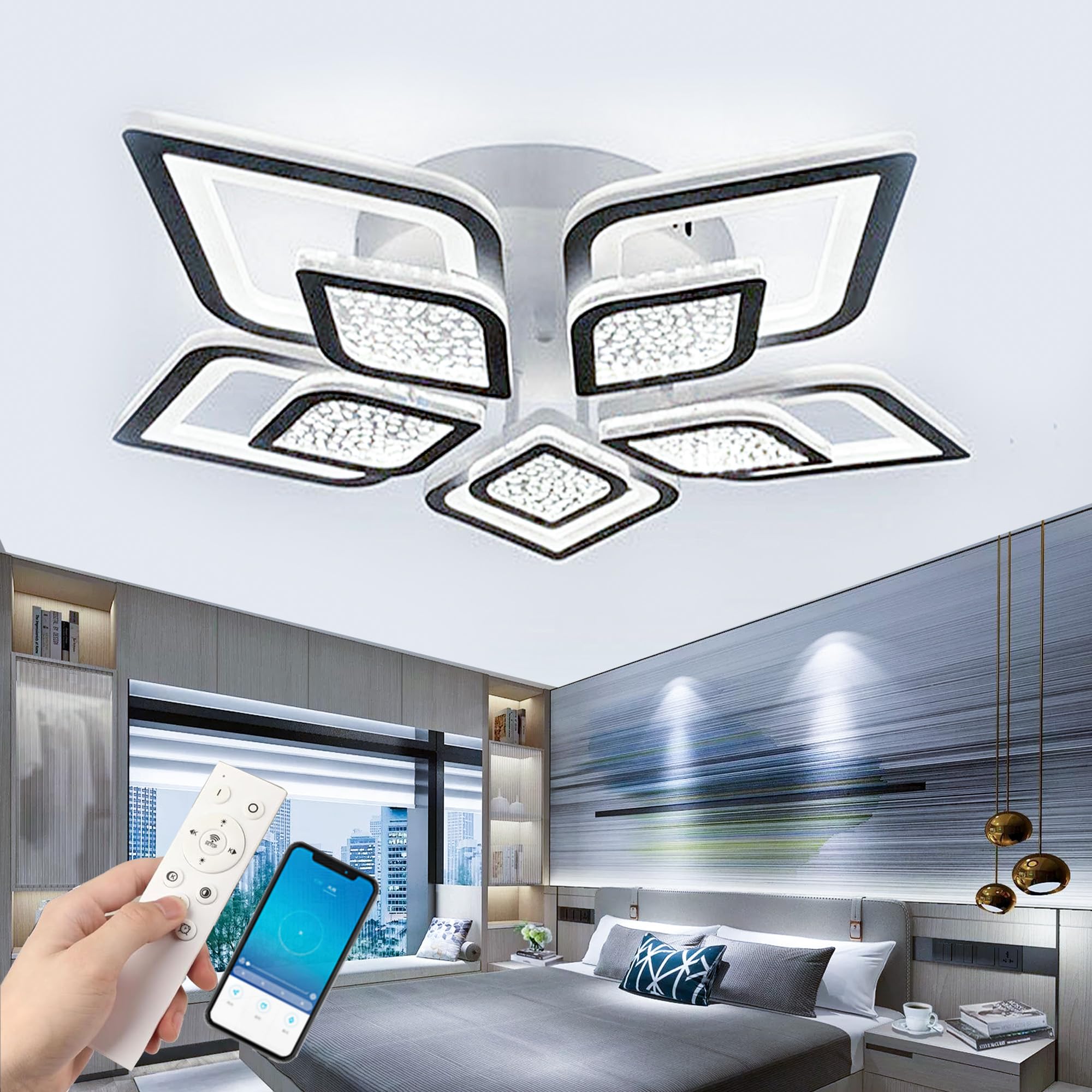 60cm Lampara Techo con APP Y Mando a Distancia Plafon Led Techo Flor Inteligente Decoración Creativa Lámpara de Techo Función de Memoria LED Regulable Embellece Dormitorio Infantil Salón-Black