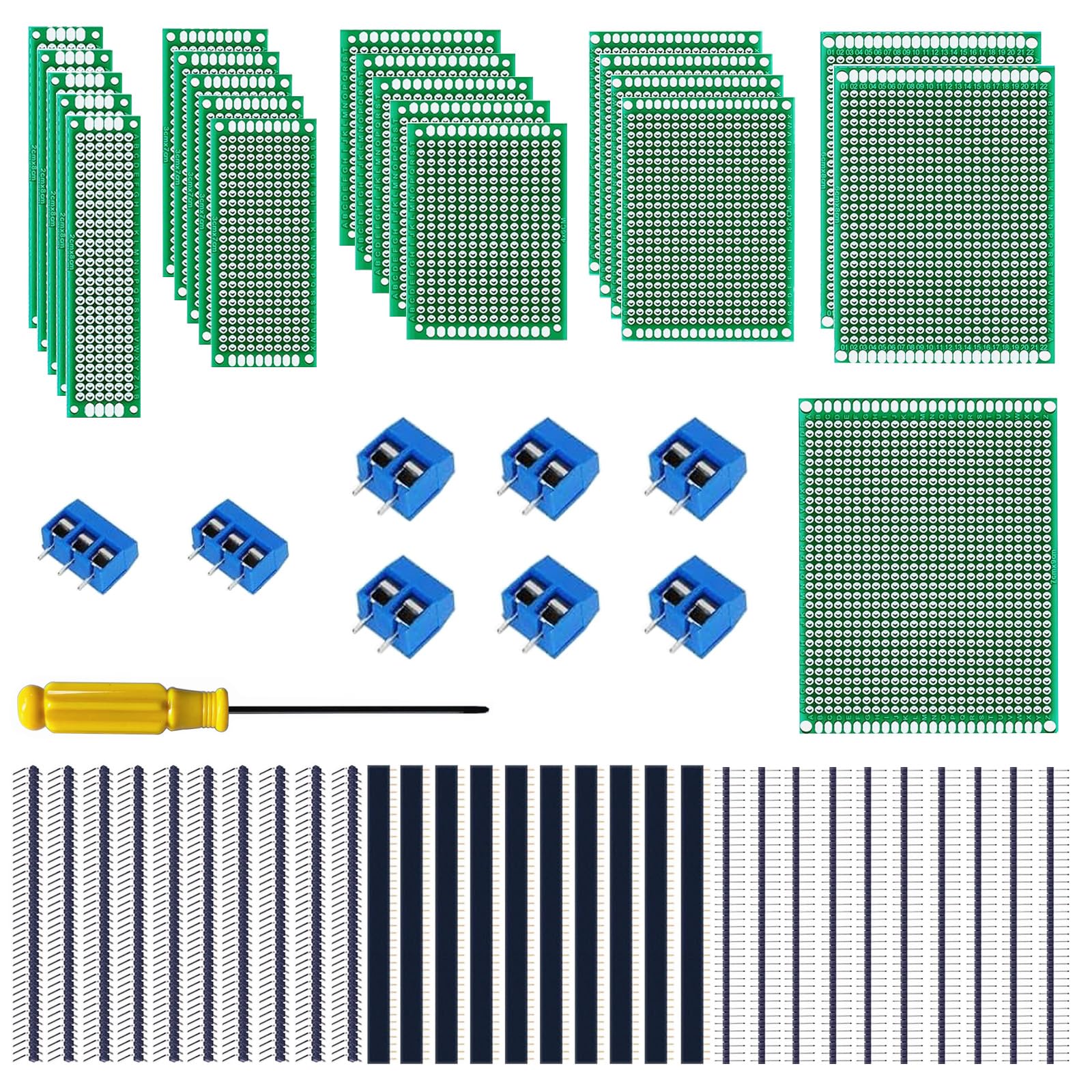 GTIWUNG Kit di Schede PCB, include 22 Pezzi Schede Prototipo a Doppia Faccia Universali 2*8/3*7/4*6/5*7/6*8/7*9CM, 30 Pezzi Connettori Maschio/Femmina, 8 Pezzi 2/3 Pin Terminale a Vite Morsetti a Vite