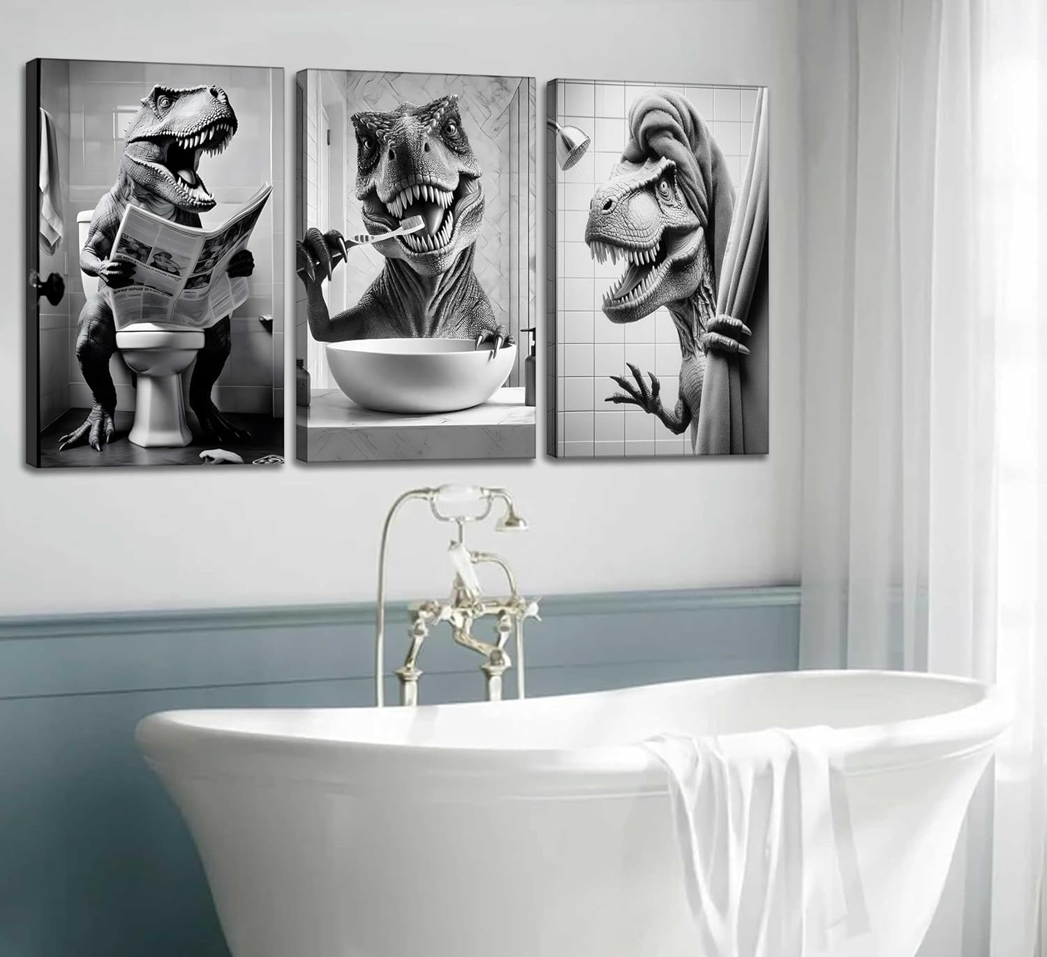 RAQXZHSW 3Pcs Funny Bathroom Dinosaur Canvas Wall Art Dinosaur Sitting on The Toilet Reading The Newspaper Taking A Bath And Brush Teeth Pictures Wall Decor Print Artwork for Toilet Washroom