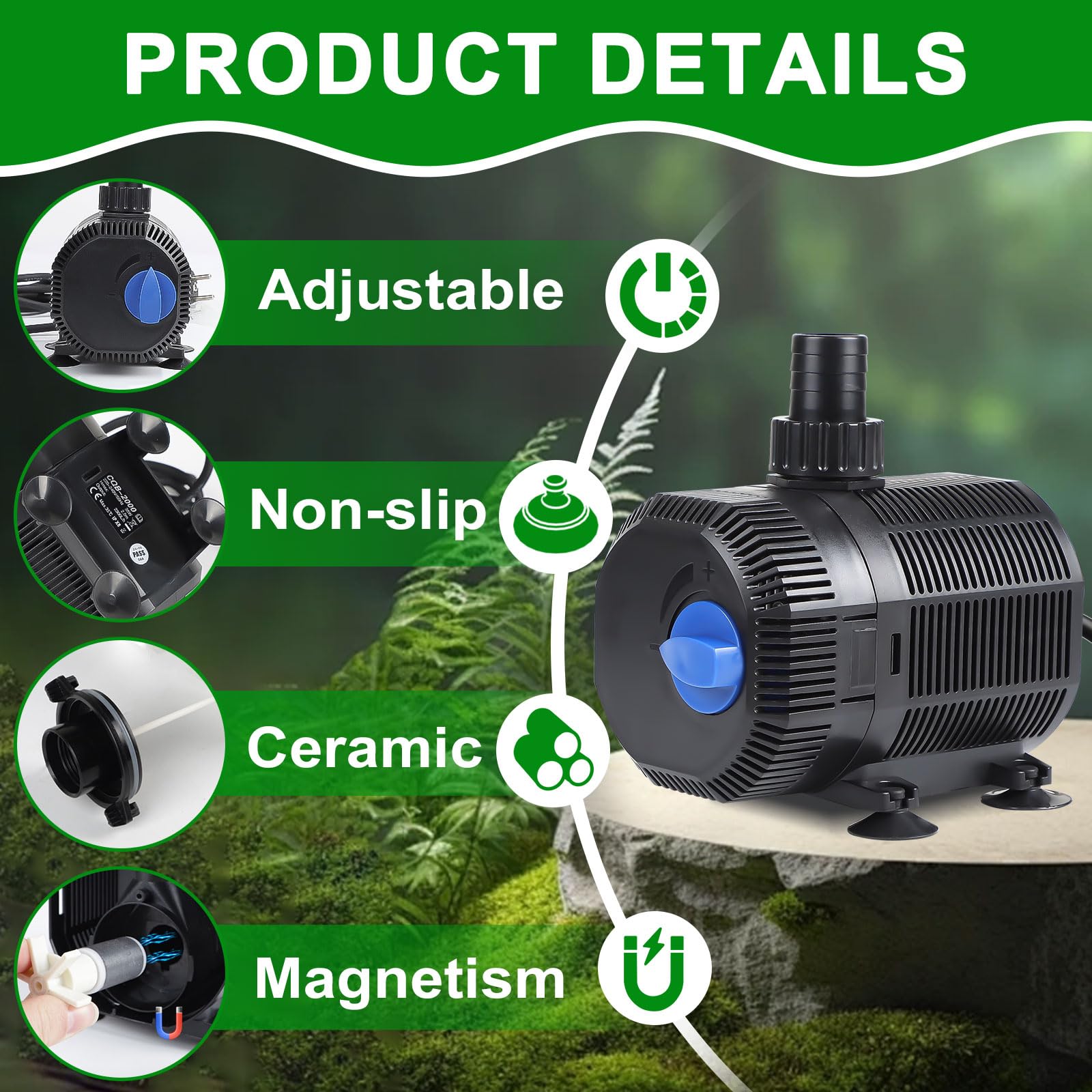 EXLECO pompa laghetto pompa filtro 2300L/H pompa acqua esterno Pompa per laghetti con Filtro 35W Pomp di Giardinaggio Stagno Sommergibile Pompa per Flusso pompas Ruscello con Cavo 10M & 2 ugelli