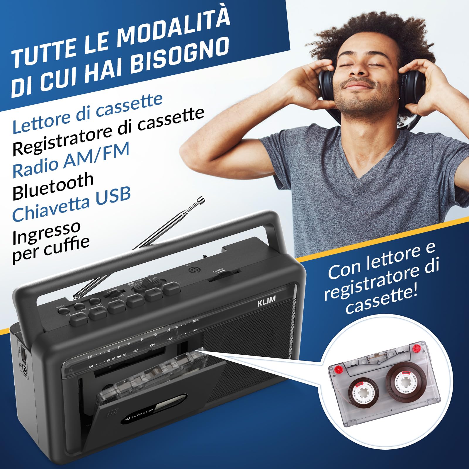 KLIM Lettore Cassette Audio Boombox Radio AM/FM Bluetooth Registratore a Cassette USB Altoparlante Portatile Retrò Nero