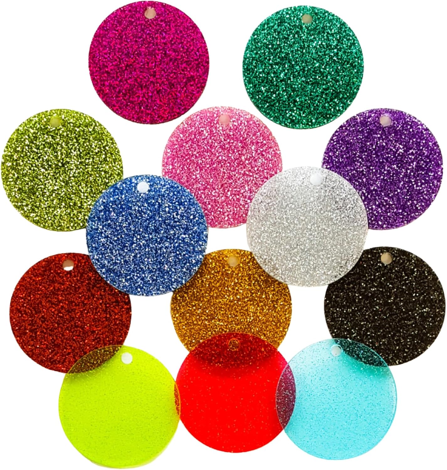 25 Acrylic Circle Blanks with Hole (Mixed Glitter Colors) (Select Size) 1/8" Thick - Laser Cut with Polished Edges Plexiglass, Made in USA (2")