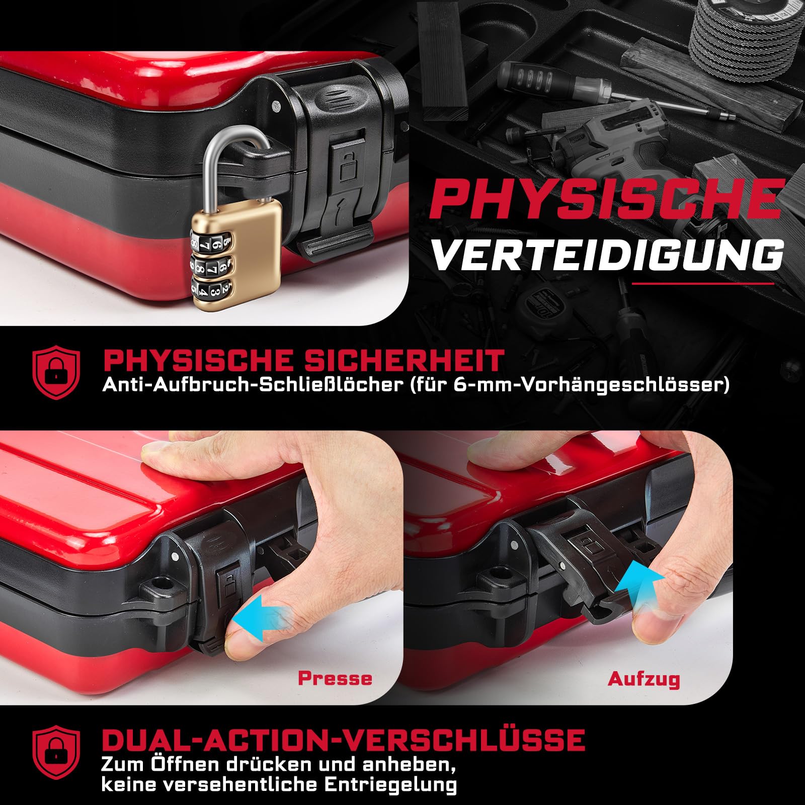 Geinxurn Juego de 3 cajas de herramientas de acero con cierre de seguridad y asa para guardar y organizar herramientas, color rojo, negro y amarillo