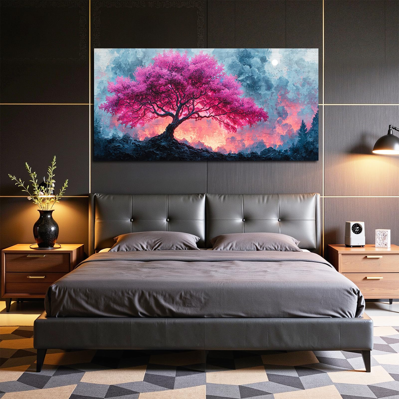 SERIMINO Quadro Moderno Albero Della Vita Vintage Piante 73x146 cm | Albero Rosa, Stampa HD, Tela Densa, Telaio Legno Massello, Install Facile, Usi Vari, Regalo