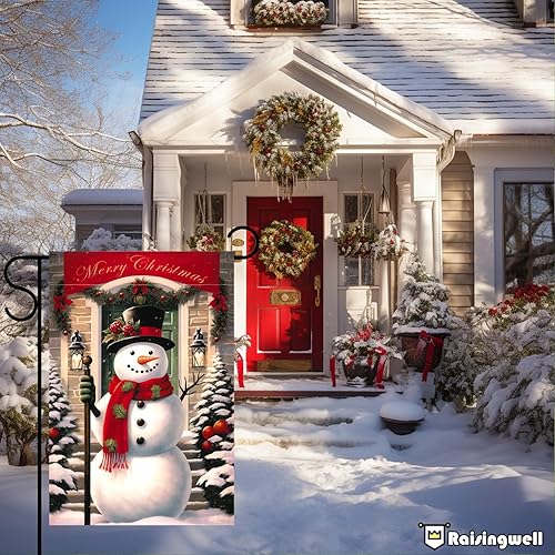 Miniatura 2 de Raisingwell Bandera de jardín pequeña de muñeco de nieve con bufanda de copo de nieve de 12 x 18 pulgadas, de doble cara, para invierno, feliz