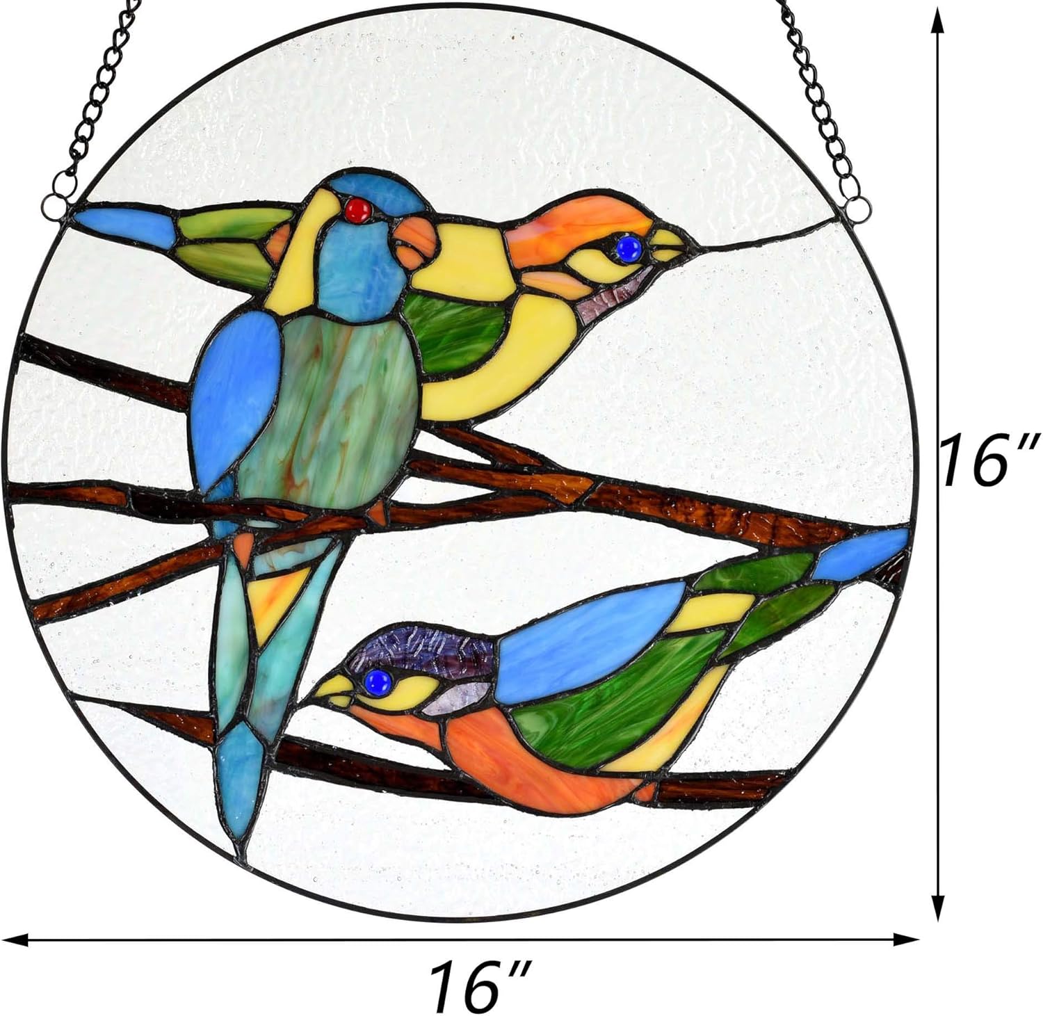 Bieye W10044 Parrots on Branches Tiffany Style Stained Glass Window Panel Hangings with Chain, 16-inch Wide Round Shape, Blue