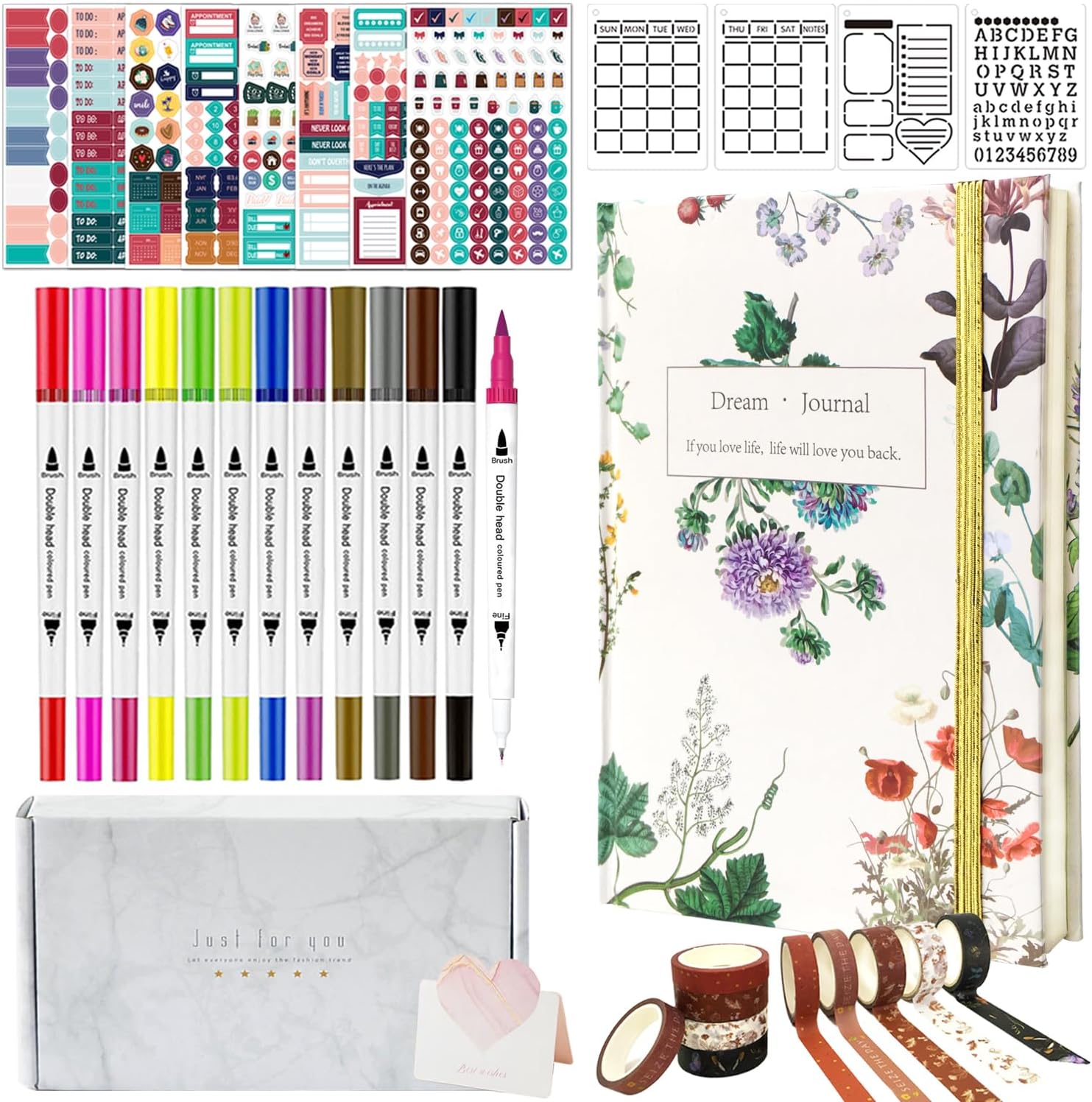 Y&I Bullet Dotted Journal Kit, A5 Hardcover Dotted Journal Notebook with 200 Pages, 12 Dual Tip Marker Pens, Stencils Stickers Washi Tapes, Dotted Journaling Kit for Planner Schedule (Fresh Botanical)