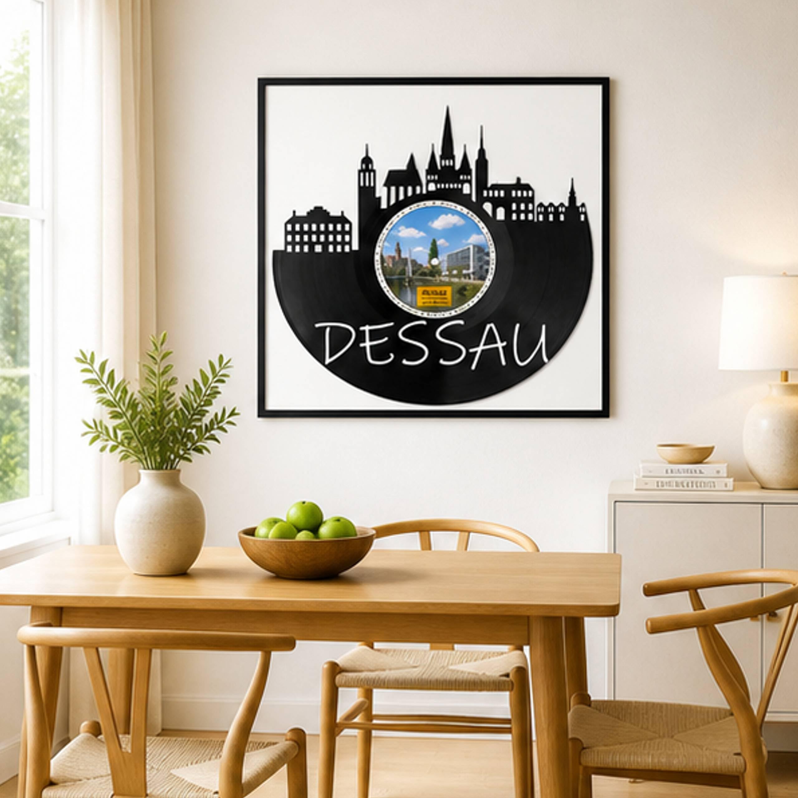 EVEVO Dessau - Decorazione da parete in vinile, con cornice, 32 x 32 cm, motivo: città Bauhaus, regalo per gli amanti dell'architettura