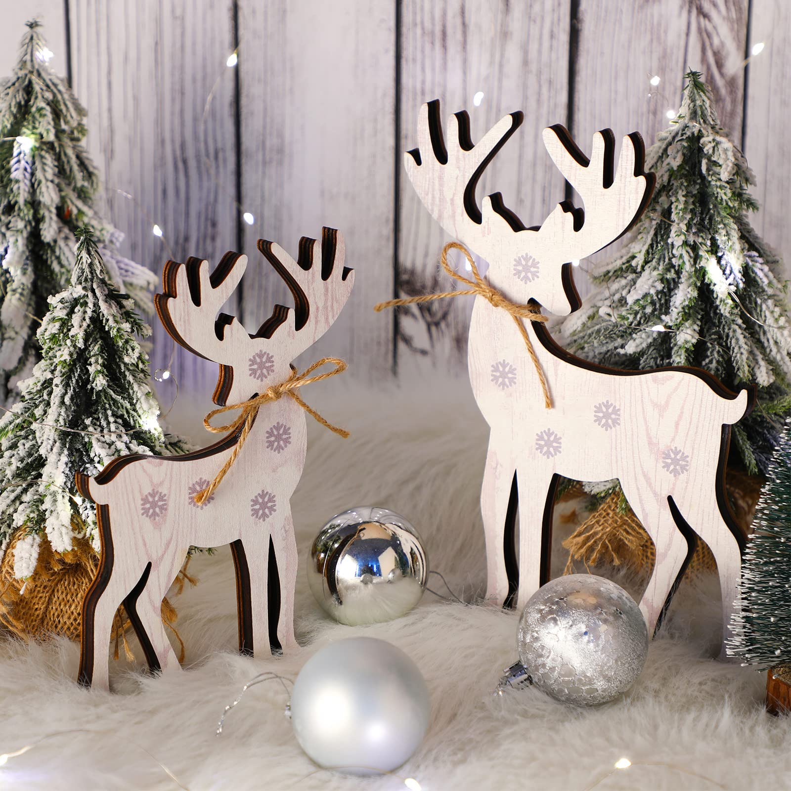 Wooden Deer Table Decor 2 Pieces Christmas Wooden Deer Home Decor Wood Reindeer Holiday Decor Double Sided Printing Wooden Reindeer Christmas Decoration Rustic Reindeer Standing Tabletop Decoration