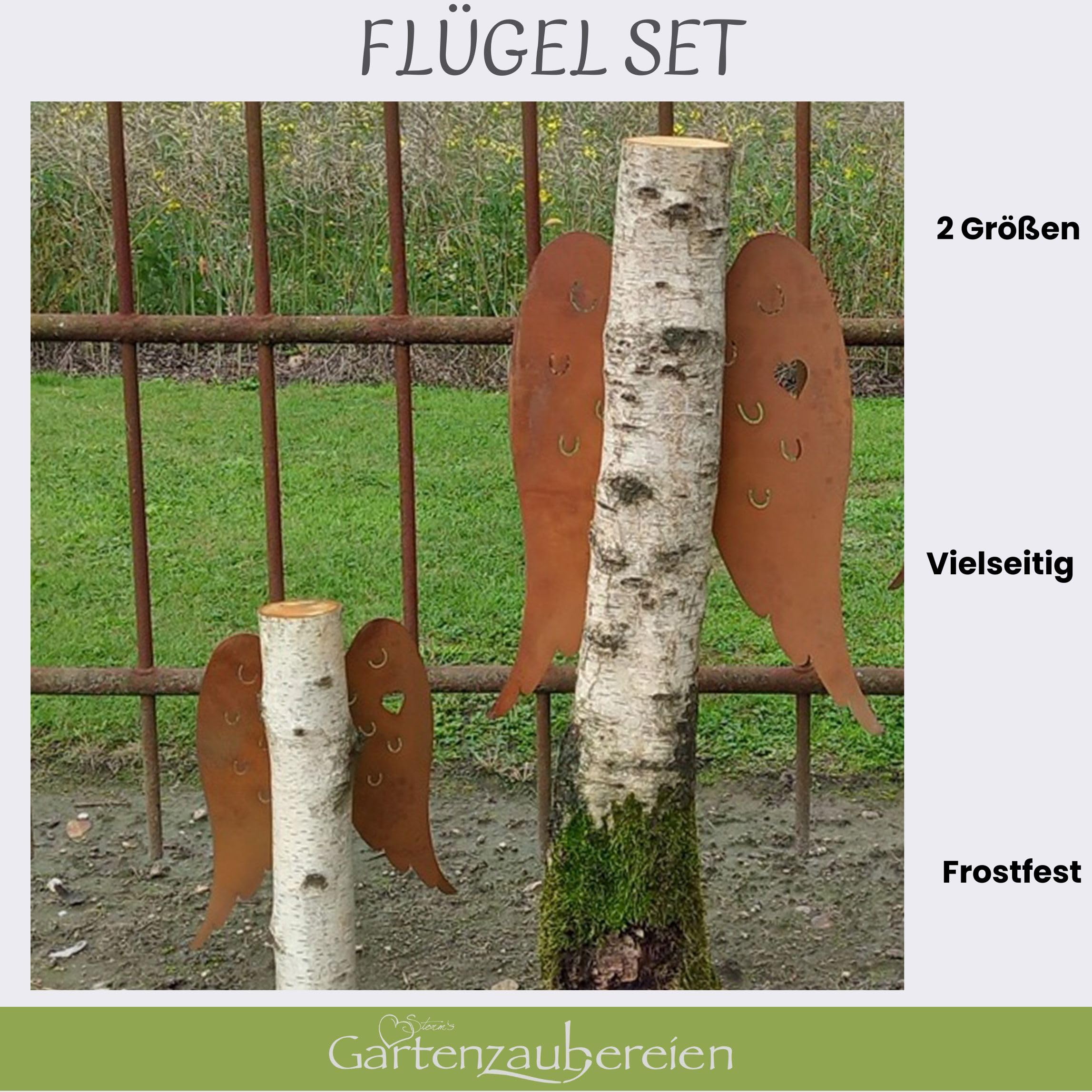 Storm's Gartenzaubereien 2 Engelsflügel aus Metall in Rostoptik mit Herz zum Aufhängen 38cm und 58cm groß als Wanddeko - Gartendeko