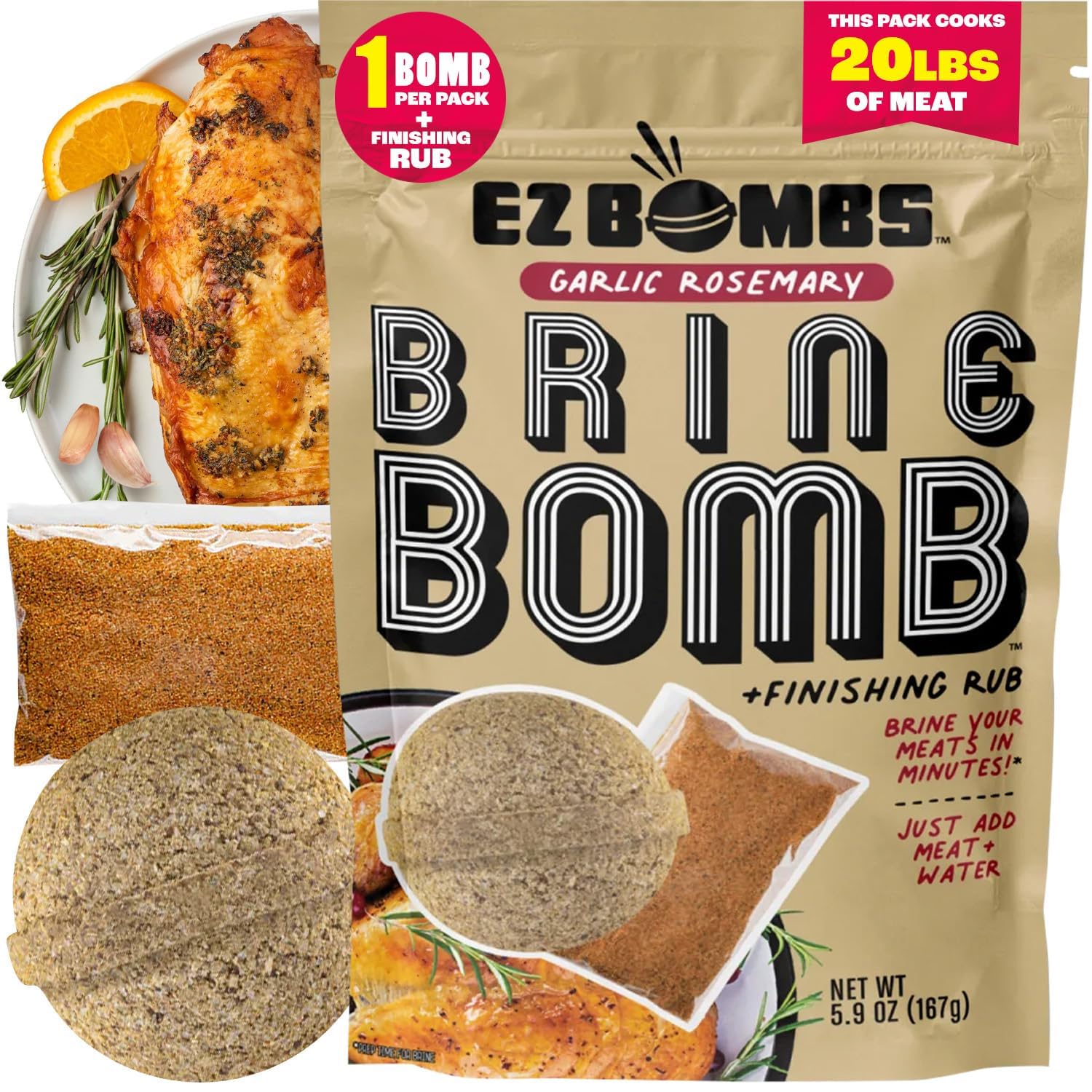 EZ Bombs Garlic Rosemary Brine Bomb Seasoning with Finishing Rub, Pack of 1 – All-in-One Turkey Brine Kit for Juicy, Flavorful Meat – Perfect for Turkey, Chicken, Pork, and Beef – Brines Up to 20 lbs