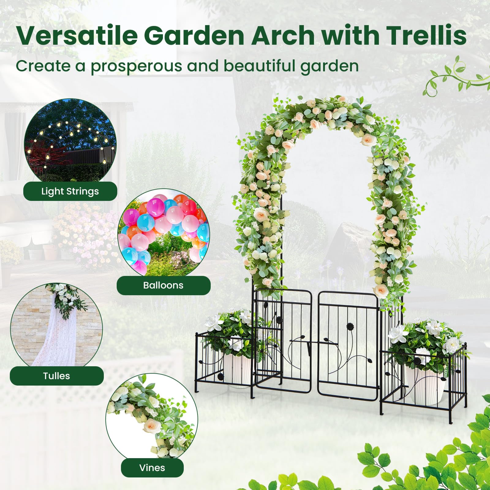 Arco da giardino con cancello, con telaio per piante, 198 x 220 x 50 cm | Arco da giardino in metallo stabile, traliccio per piante rampicanti, arco per matrimoni e decorazioni da giardino