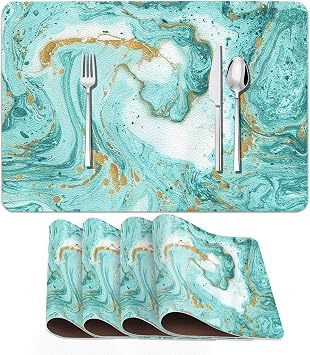 Faux Leather Placemats Set of 4, Marble Watercolor Vintage Aqua Green Blear PU Placemat for Ding Table Easy to Clean Heat-Resistant Waterproof Table Place Mats Indoor and Outdoor,1217 Inch
