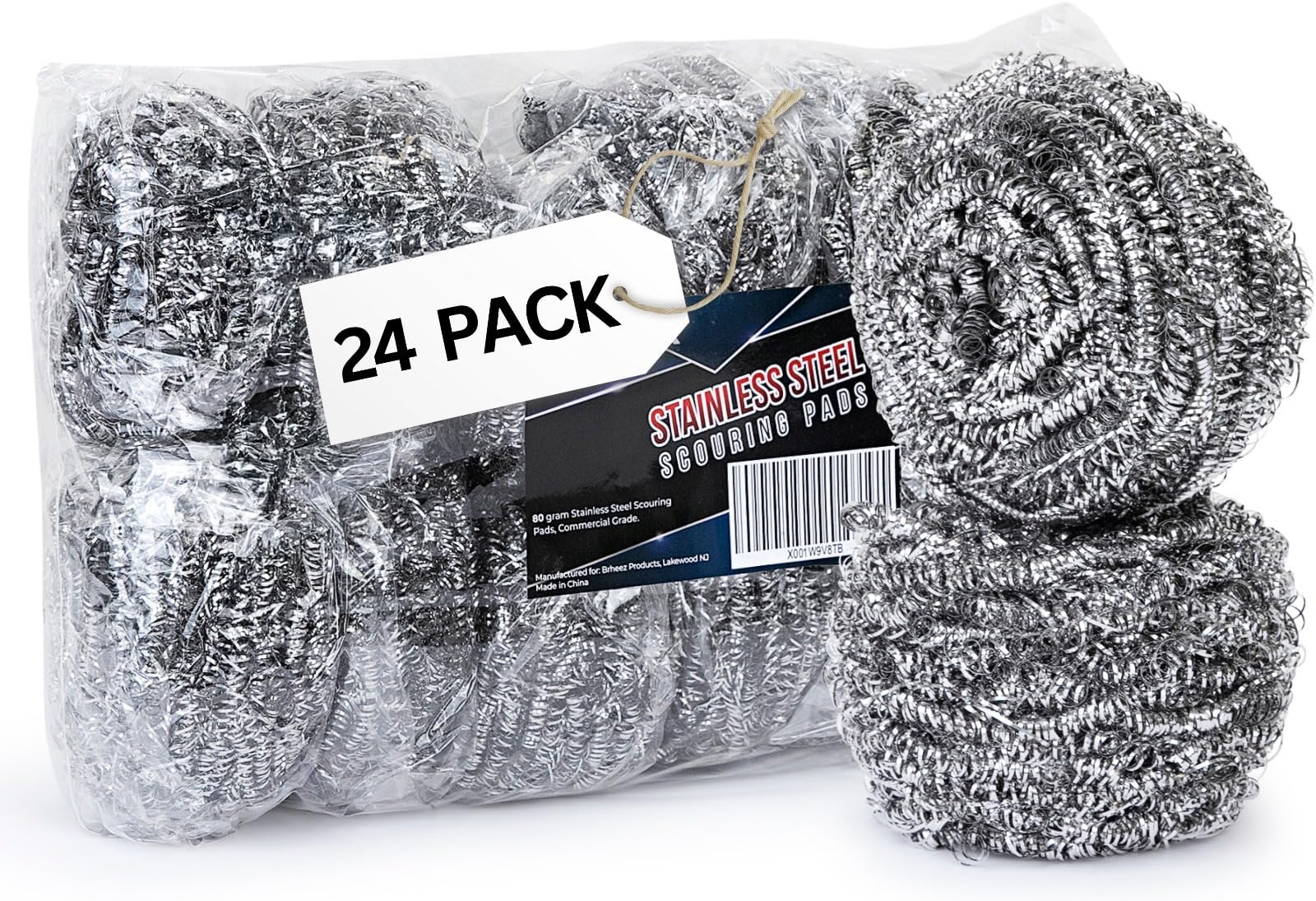 brheezStainless Steel Cleaner Scouring Pads [24 Pack] - Industrial & Commercial Strength Large Cleaning Supplies Dish Sponge - Individually Wrapped 30 Gram