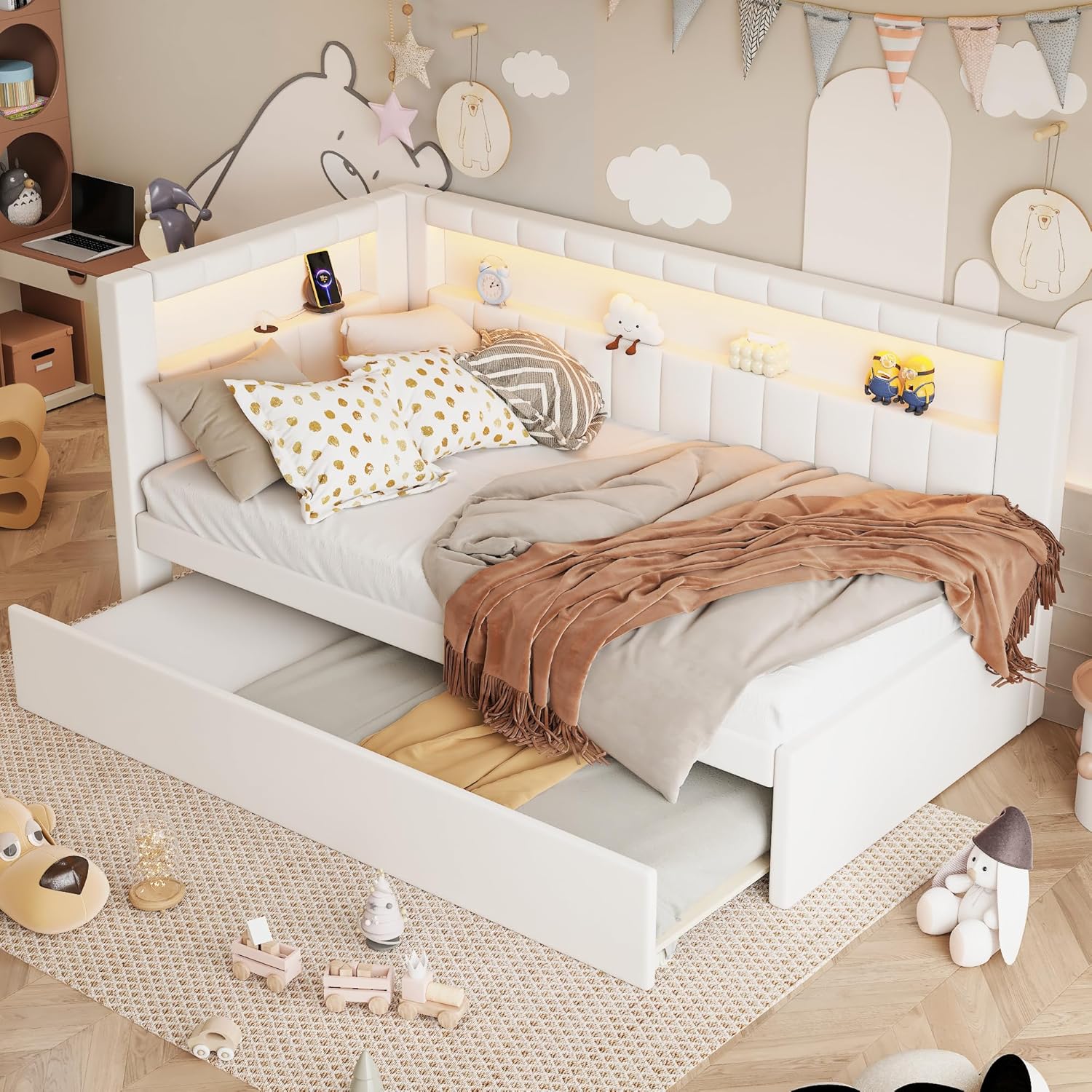 Merax Modern Upholstered Platform Bed Frame with USB Ports & Trundle Bed, Floor Sofa Day Bed, No Box Spring Needed/Easy Assemble/Twin,White Twin White 2 boxes