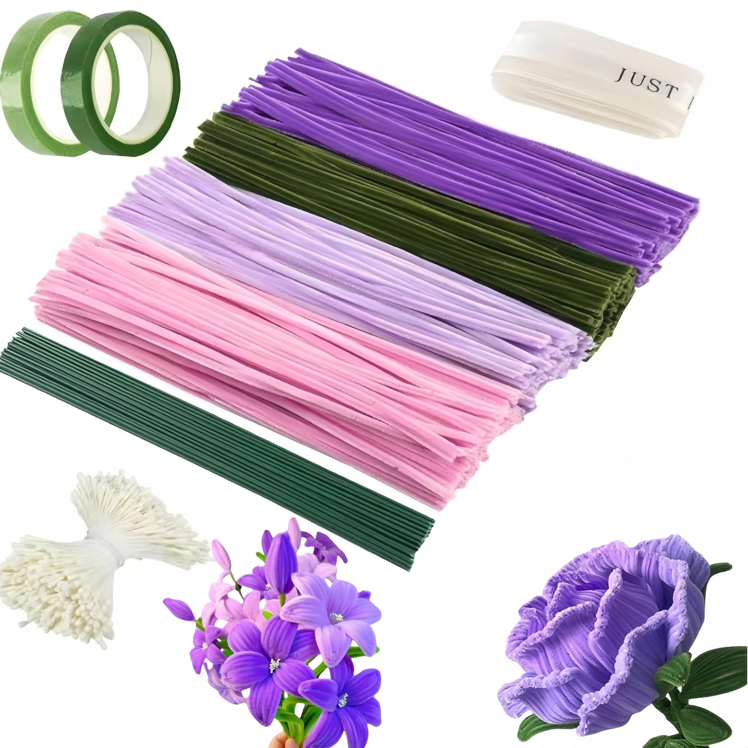 523 Pieces Pipe Cleaners Flowers Creative DIY Craft Set with 400 Pipe Cleaners Flexible Chenille Wire (30 cm) Pink, Green with Flower Handle Adults & Decoration (Purple)