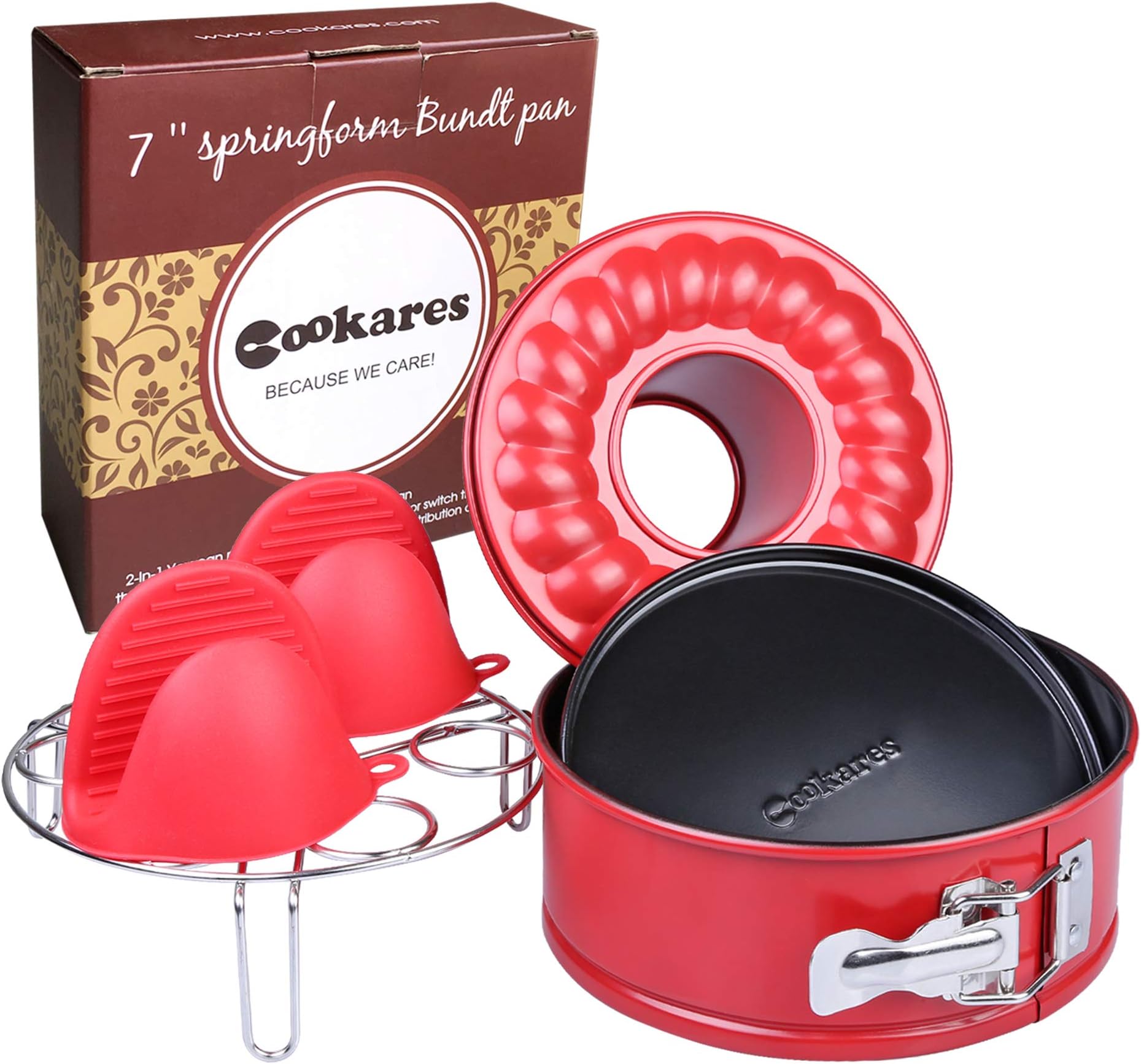 Nonstick 2-in-1 springform 7-inch cheesecake quick-release pan set: two interchangeable bottoms egg rack for Instant Pot accessories & 2 mini Silicone Mitts - fits 5 6 8 Qt by CooKares