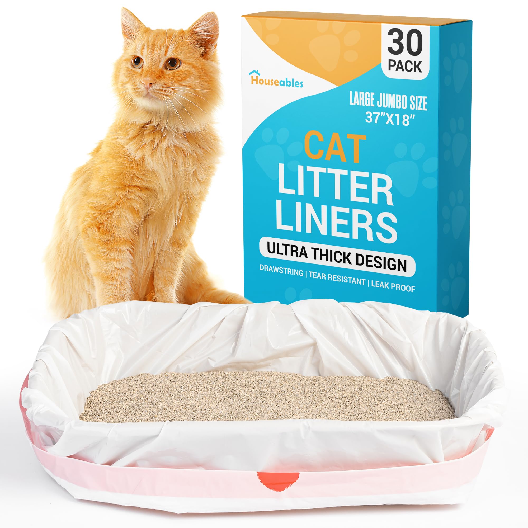 Cat Litter Bags, Cat Box Liners, Litter Box Liners, Litterbox Bags, 30 Pack, For Kitty Pan, Jumbo, Large, Heavy Duty, Poop Holder, Waste, Trash, Disposable, Unscented, Catliner w/Drawstring