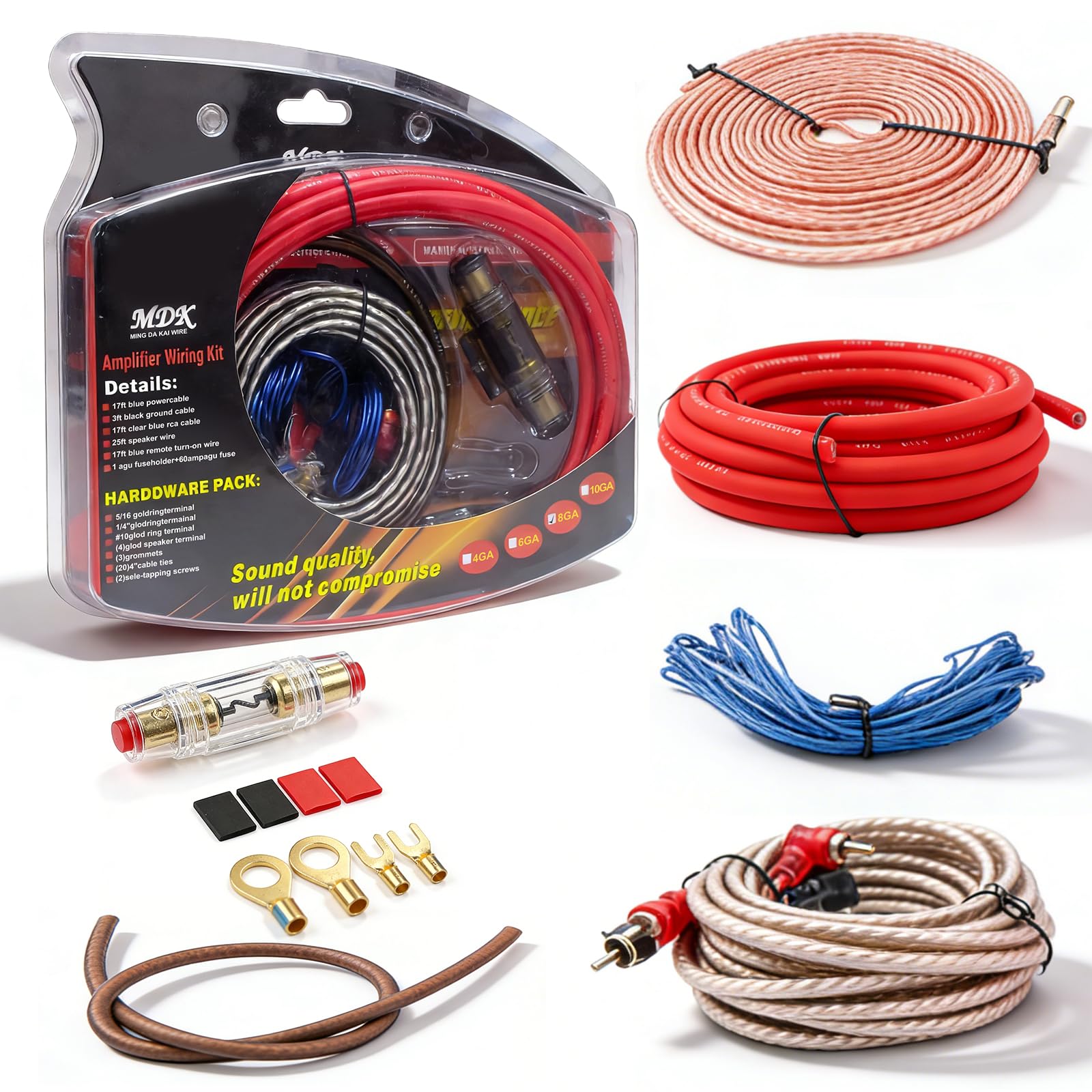 BYZESTY Set di cavi per subwoofer 4GA, 5 m, set di cavi amplificatori, per auto, set di connettori per amplificatore, set di collegamento per la modifica audio per auto