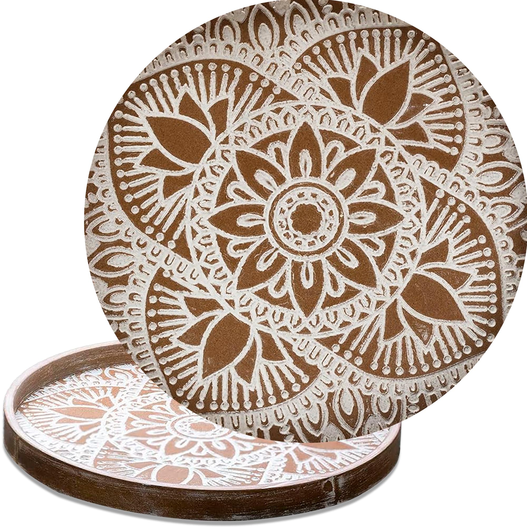 Wooden Serving Tray Rustic 30CM Round Table Centrepiece Home Decor Wood Candle Holder Living Room Kitchen Ottoman Trays Christmas Decorative Plates Coffee Table Serving Platters Wooden Colour - Image 2