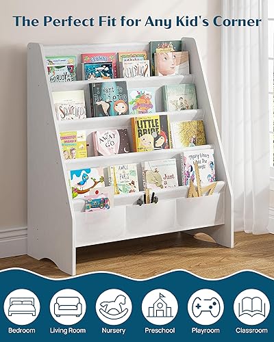 Miniatura 6 de SEIRIONE Estantería resistente para niños, estante de libros de 4 niveles para habitación de niños con tela Oxford a prueba de desgarros -