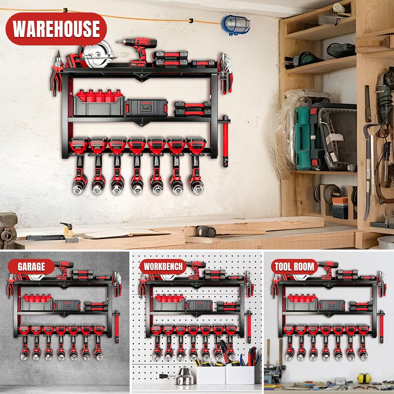 Power Tool Organizer Wall Mount, 150Lbs 3 Layer Metal Tool Storage Rack with 7 Cordless Drill Holder Heavy Duty, Battery Drills Storage Tool Organizer for Workshop,Garage,Tool Room,Pegboard